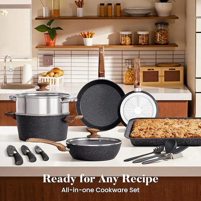 Geling 30PCS Granite Nonstick Cookware Set | Modern Black Aluminum Pots & Pans - Image 4