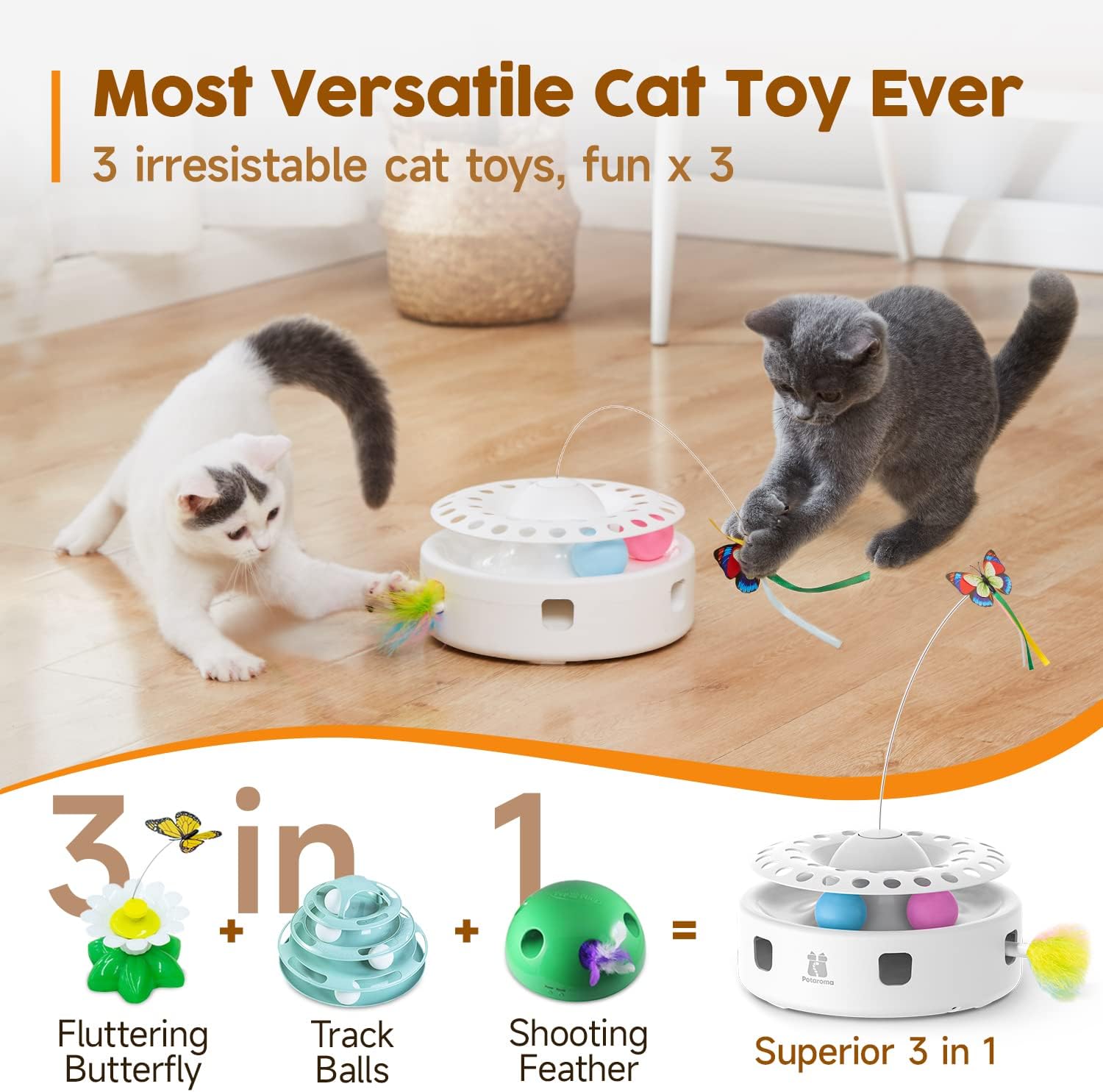 Cat Toys 3-in-1 Automatic Interactive Kitten Toy – Fluttering Butterfly, Moving Feather, Track Balls – Dual Power Supplies – USB Powered – Bright White - Image 2