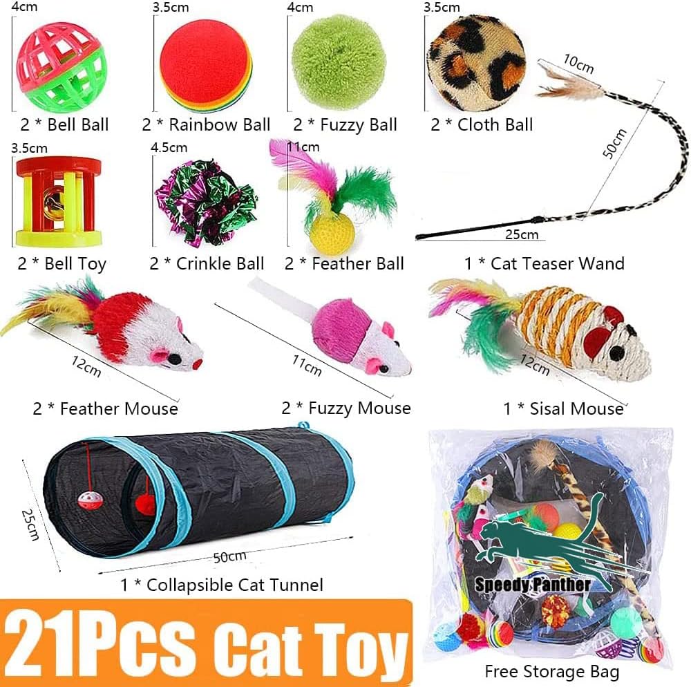 21 Pcs Cat Toys for Indoor Cats – Collapsible Cat Tunnel, Interactive Feather Teaser Wand & Ball Toy for Kittens & Cats - Image 2