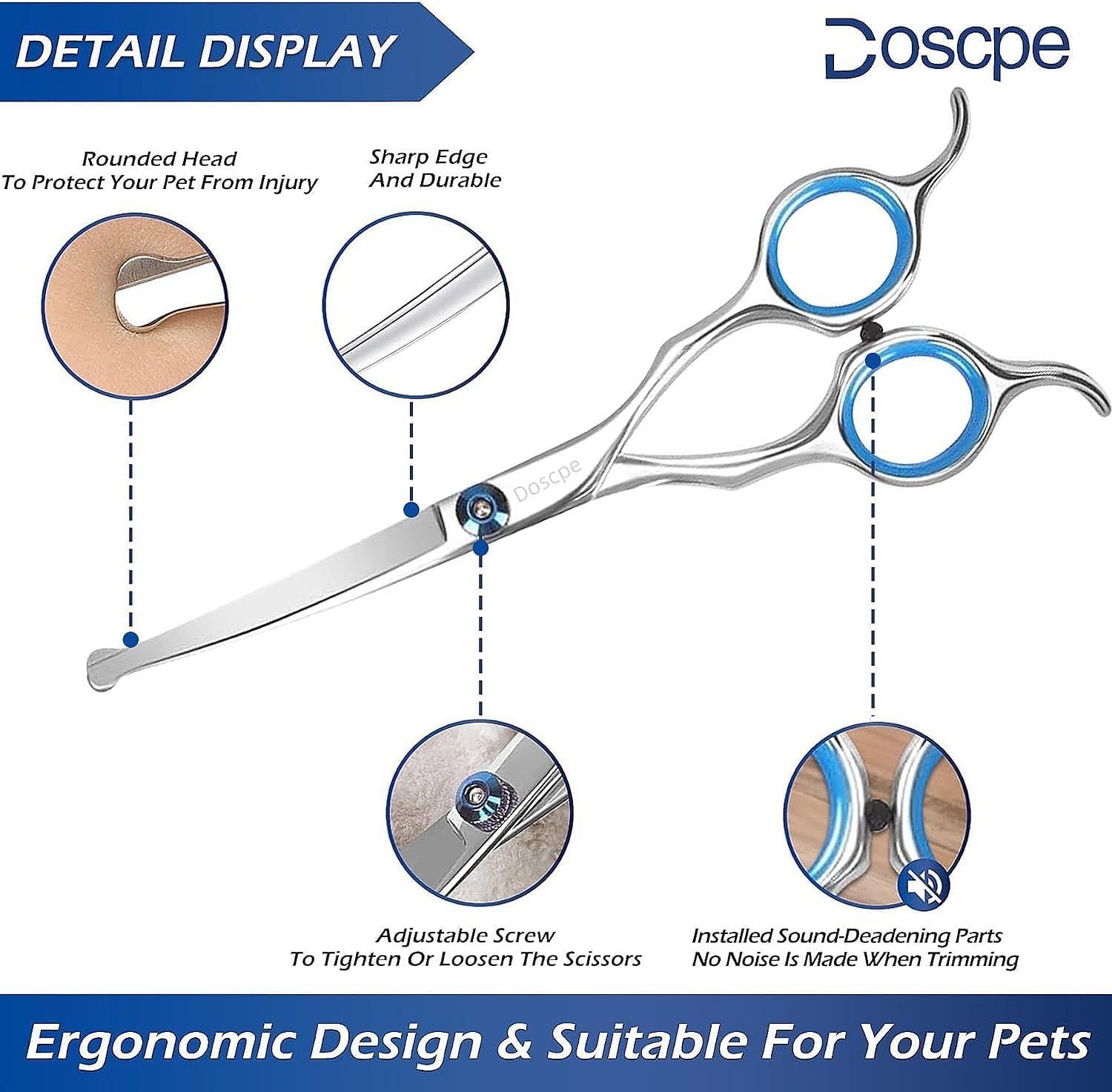 Curved Dog Grooming Scissors – 6.69 inches – Round Tips – Pet Shears for Face & Paw Hair Trimming – Left & Right Handed - Image 2
