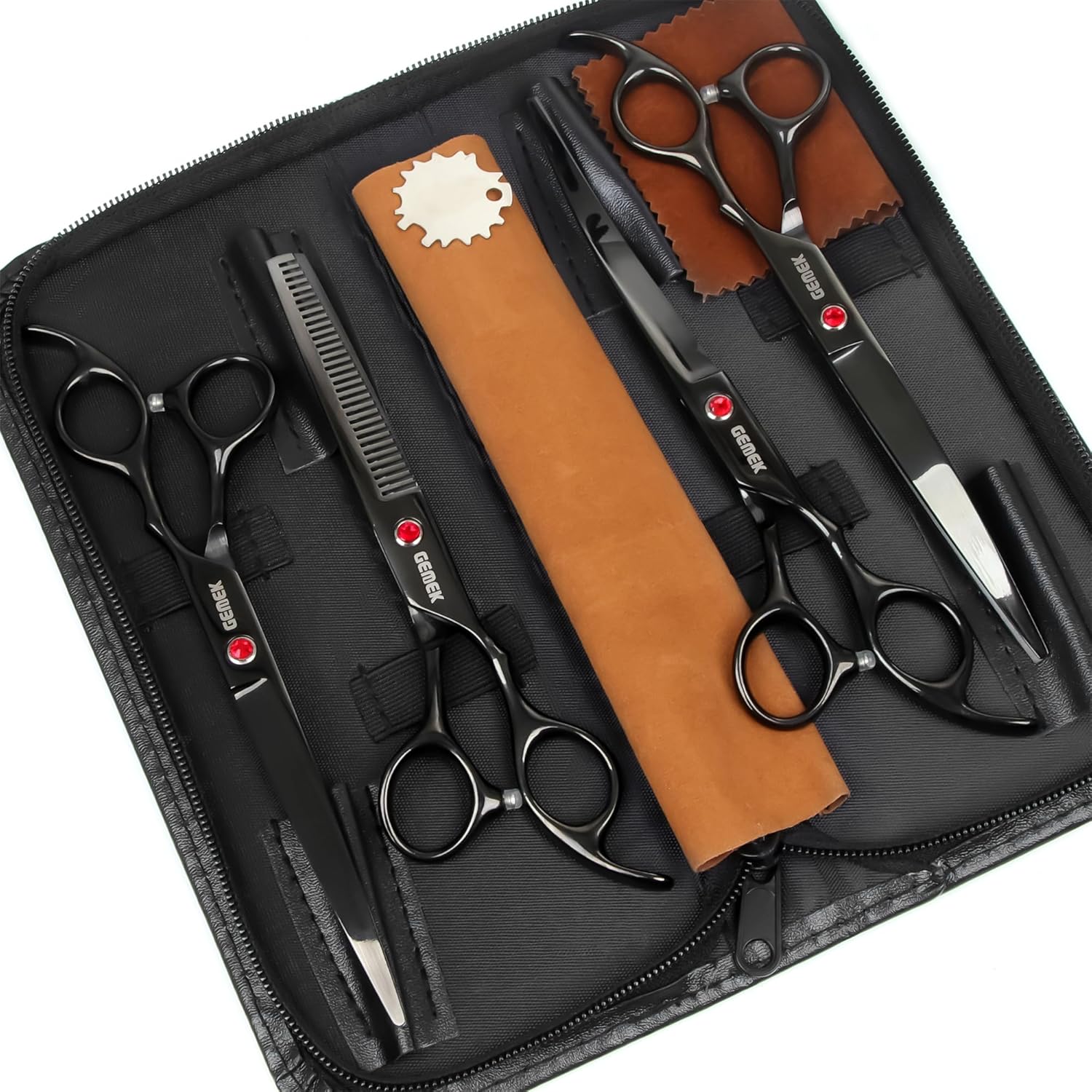 7.0in Titanium Professional Dog Grooming Scissors Set – GEMEK 6 in 1 – Straight, Thinning, Upwards Curved & Downwards Curved Scissors with Comb – Black - Image 2