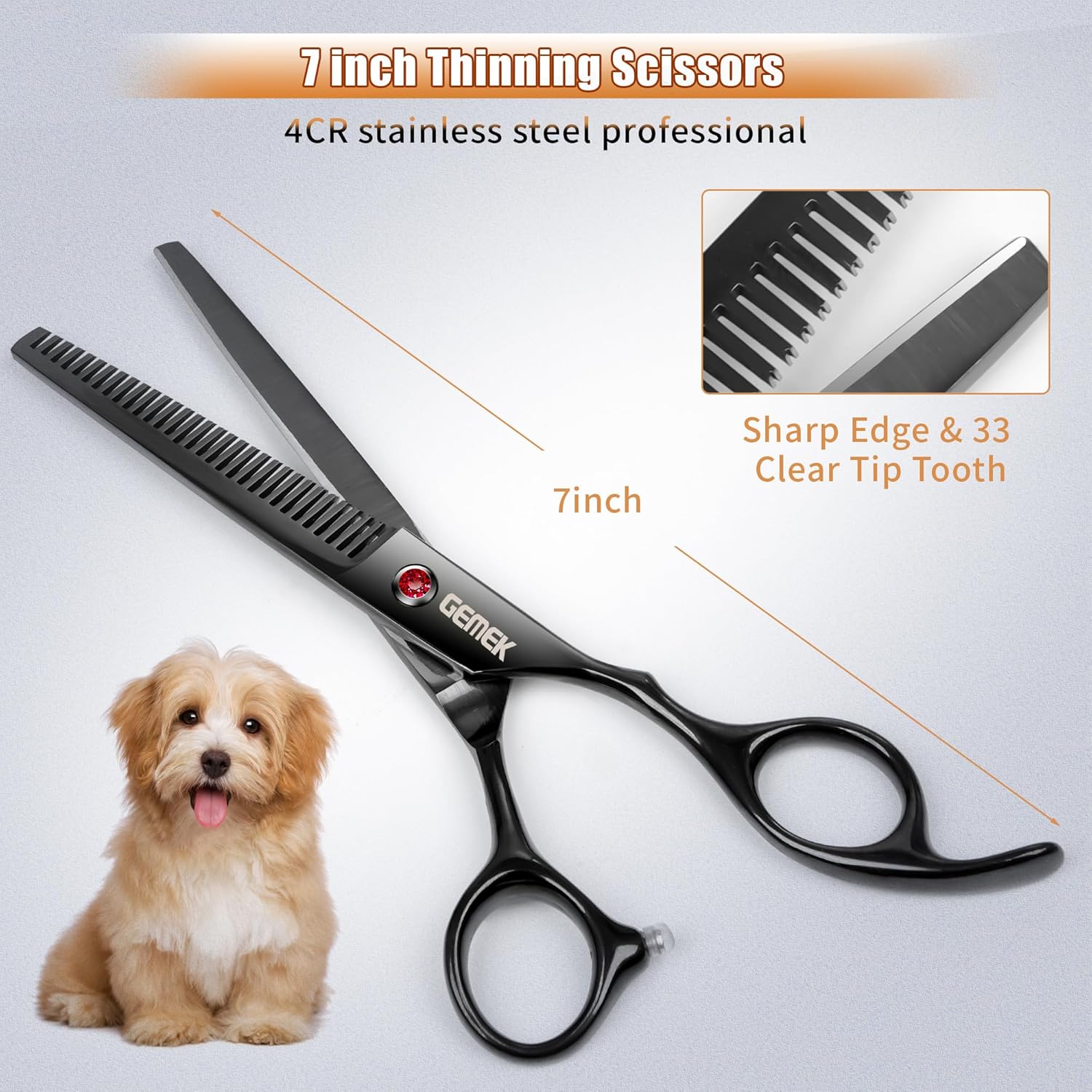 7.0in Titanium Professional Dog Grooming Scissors Set – GEMEK 6 in 1 – Straight, Thinning, Upwards Curved & Downwards Curved Scissors with Comb – Black - Image 3