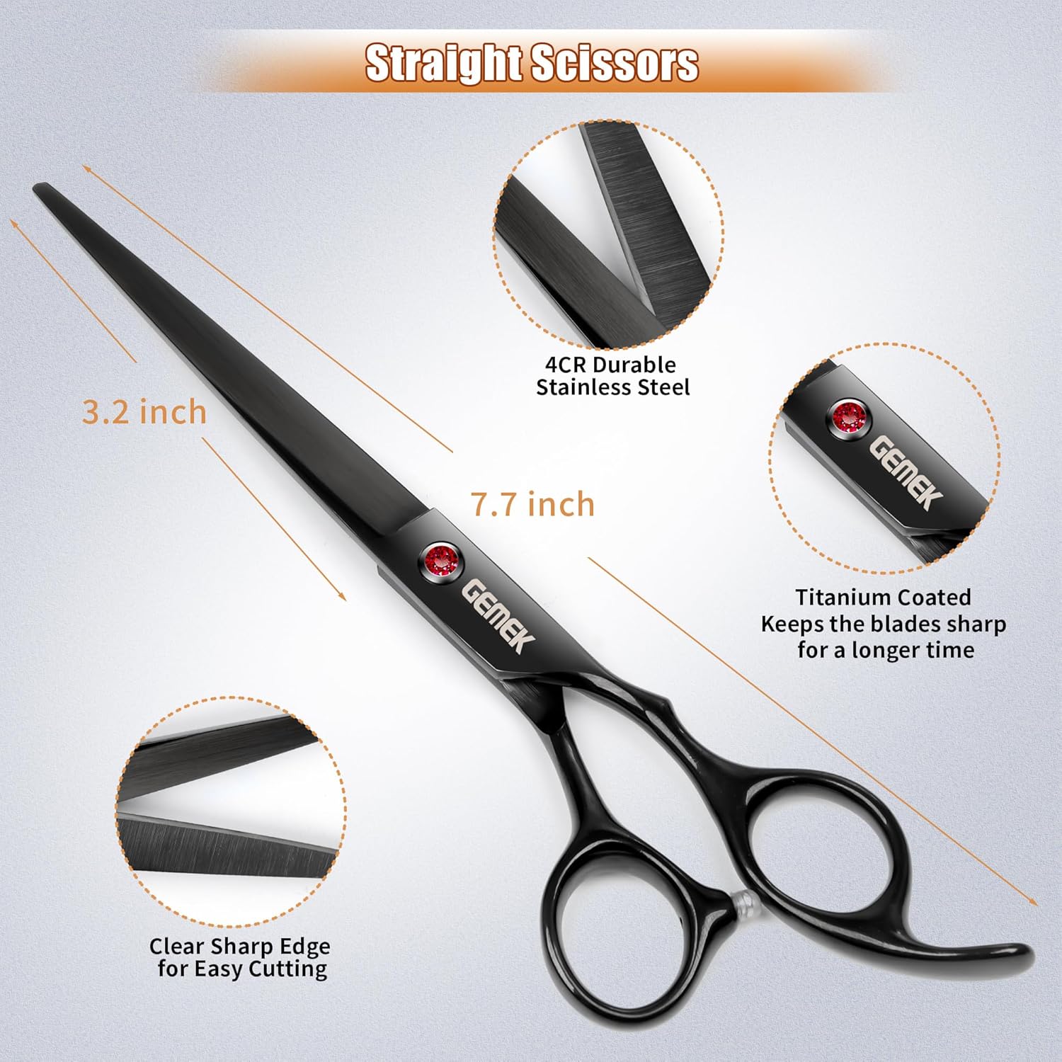 7.0in Titanium Professional Dog Grooming Scissors Set – GEMEK 6 in 1 – Straight, Thinning, Upwards Curved & Downwards Curved Scissors with Comb – Black - Image 4