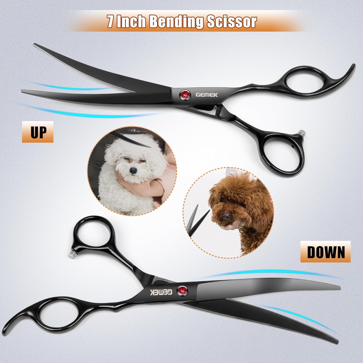 7.0in Titanium Professional Dog Grooming Scissors Set – GEMEK 6 in 1 – Straight, Thinning, Upwards Curved & Downwards Curved Scissors with Comb – Black - Image 5