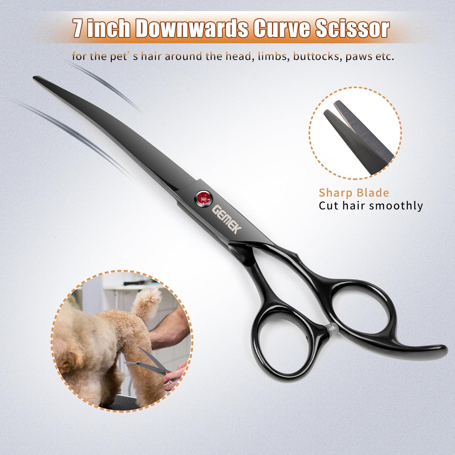 7.0in Titanium Professional Dog Grooming Scissors Set – GEMEK 6 in 1 – Straight, Thinning, Upwards Curved & Downwards Curved Scissors with Comb – Black - Image 6