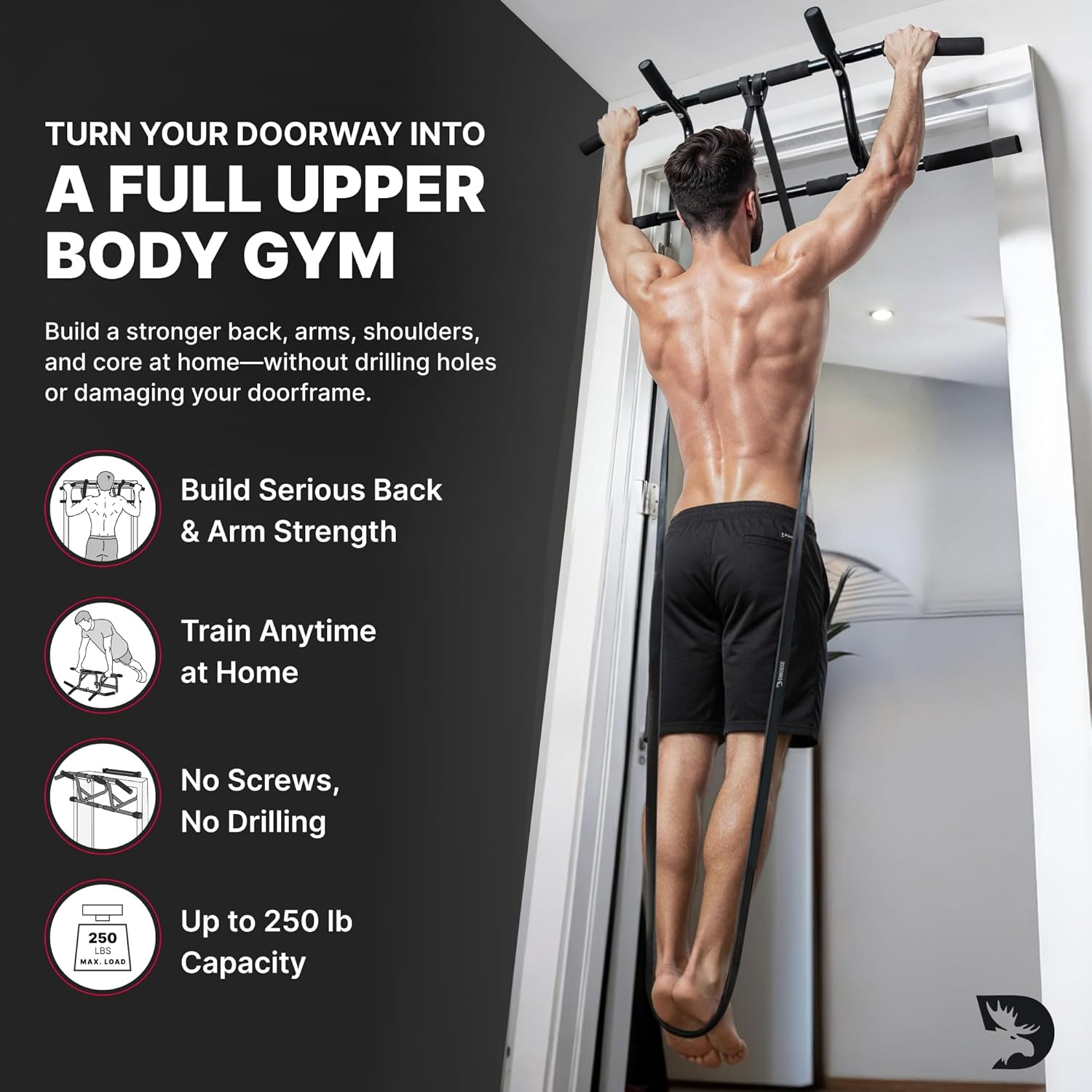 Fitness Pull Up Bar for Doorway – 250 lbs Capacity – No Screw No Slip Hanging Chin Up Bar for Door Frame – Multi Padded Grips with Installation Guide - Image 2