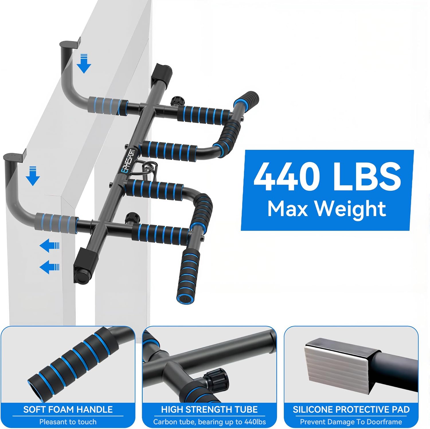 2026 Multifunctional Pull Up Bar for Doorway – US Patented Foldable Design – No Drilling – 440 lbs Capacity – Multi-Grip with Resistance Band Hooks - Image 4