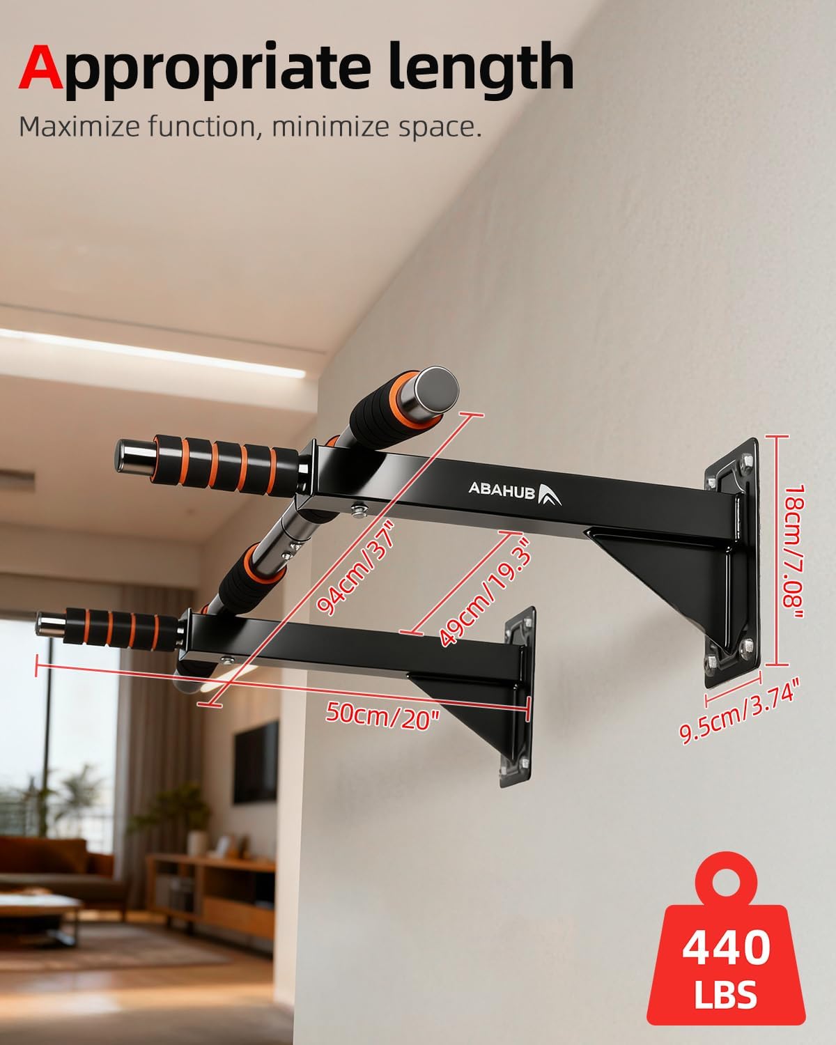 Wall Mounted Pull Up Bar – Multi-Grip Chin Up Bar for Home Gym – Drill-Installed Heavy Duty Training Bar – 440 lbs Capacity – Black & Orange - Image 2