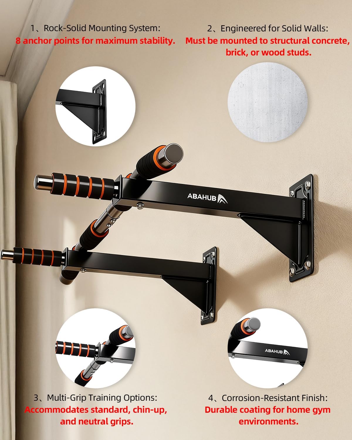 Wall Mounted Pull Up Bar – Multi-Grip Chin Up Bar for Home Gym – Drill-Installed Heavy Duty Training Bar – 440 lbs Capacity – Black & Orange - Image 4