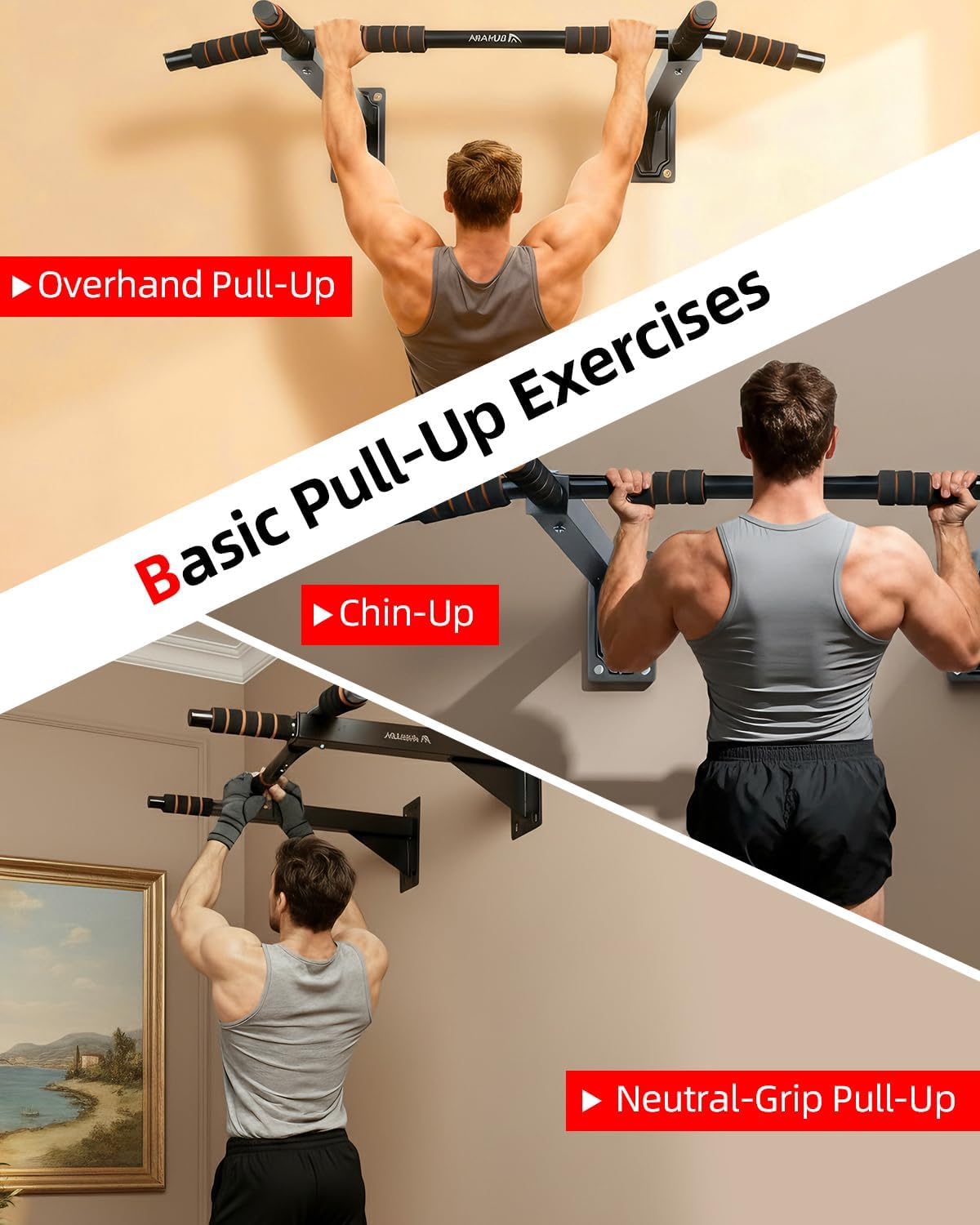 Wall Mounted Pull Up Bar – Multi-Grip Chin Up Bar for Home Gym – Drill-Installed Heavy Duty Training Bar – 440 lbs Capacity – Black & Orange - Image 5