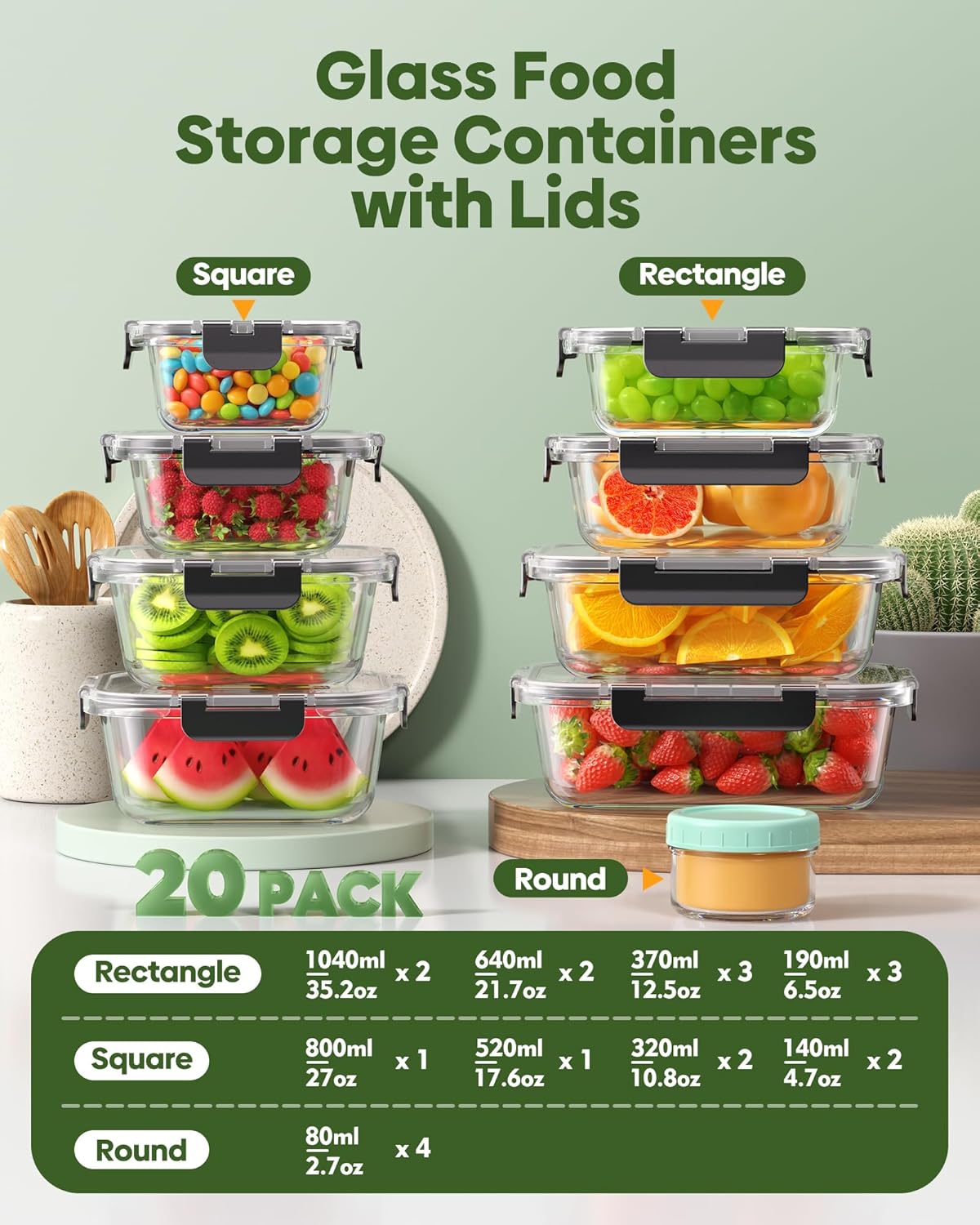 40 PCS Glass Food Storage Containers with Lids – 20 Containers & 20 Lids – Borosilicate Glass Meal Prep Containers – BPA Free Leak Proof Reusable – Kitchen Storage and Organization - Image 2