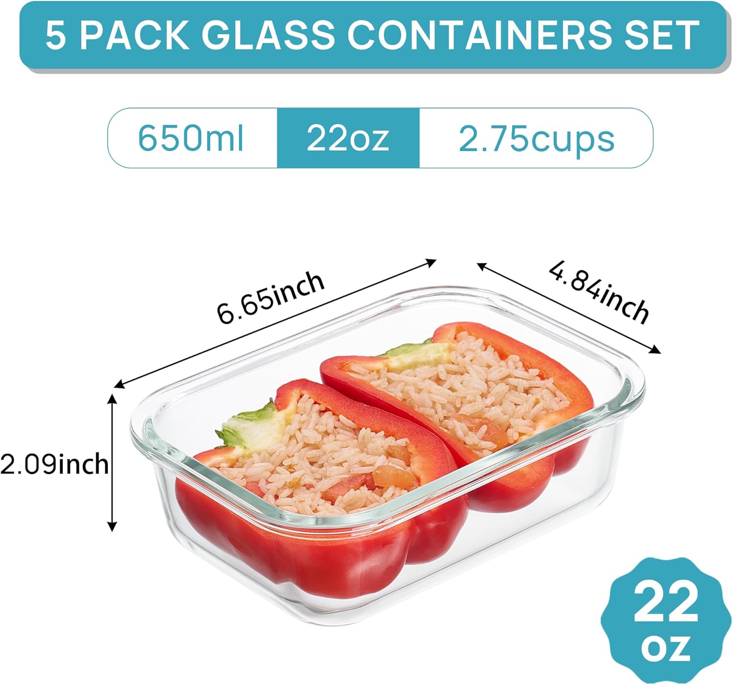 5Pack 22oz Glass Storage Containers with Lids – Glass Meal Prep Food Container Set with Snap Airtight Lids – Microwave Oven Freezer Dishwasher Safe – Grey - Image 2