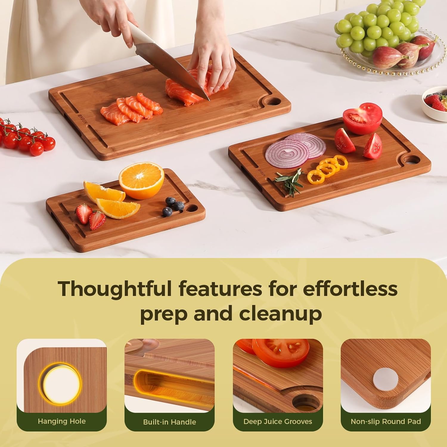 Cutting Board for Kitchen 3 Piece Wooden Boards with Juice Grooves, Side Handles & Non Slip Mats – Perfect for Meat, Veggies, Fruit – Ideal Kitchen Gift - Image 5