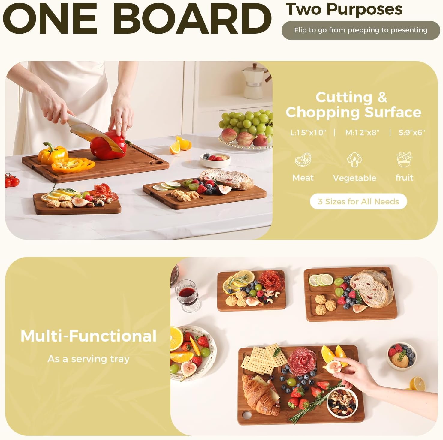 Cutting Board for Kitchen 3 Piece Wooden Boards with Juice Grooves, Side Handles & Non Slip Mats – Perfect for Meat, Veggies, Fruit – Ideal Kitchen Gift - Image 6