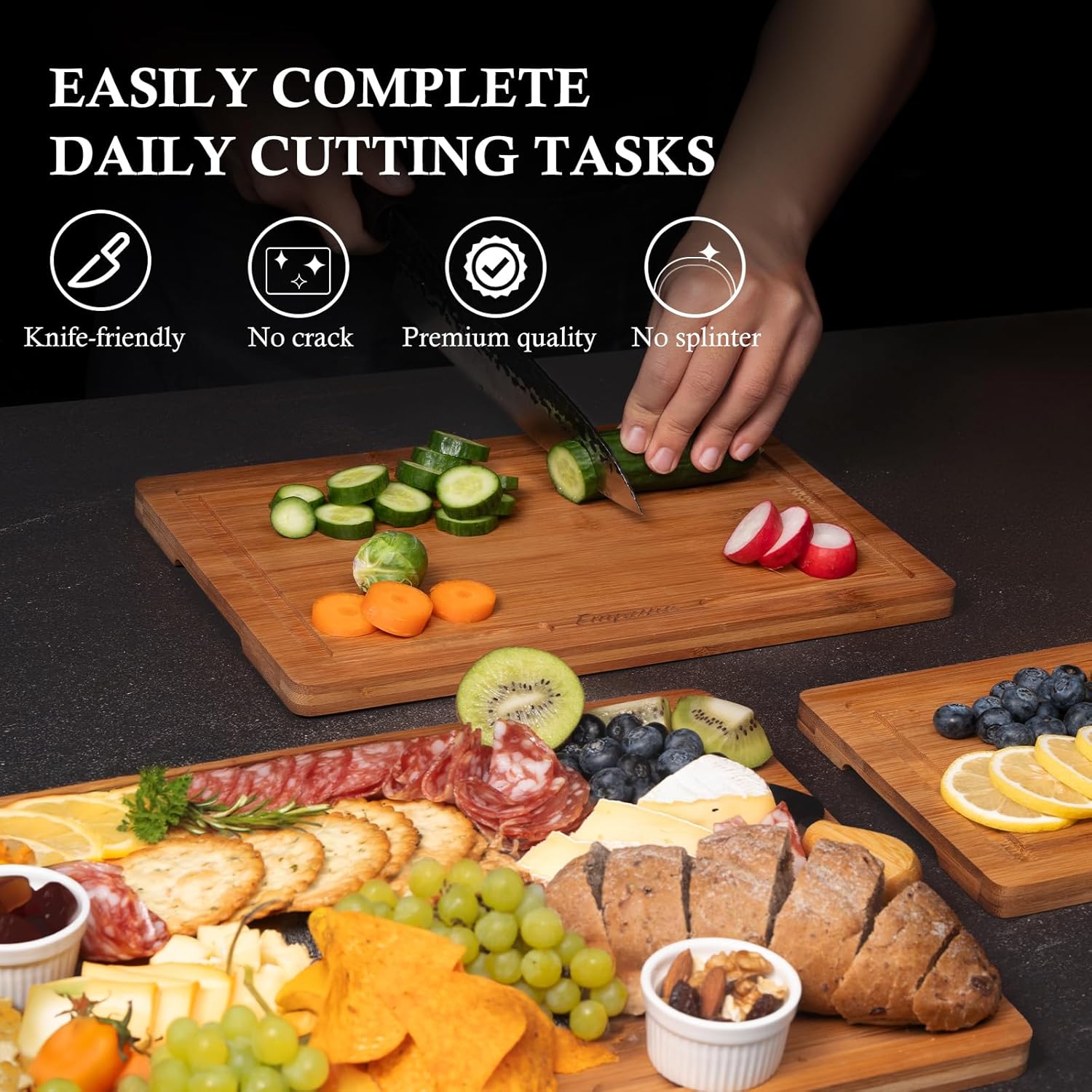Bamboo Cutting Board Set – Wood Cutting Boards for Kitchen with Holder – Wooden Chopping Board for Meal Prep & Serving – Brown - Image 2