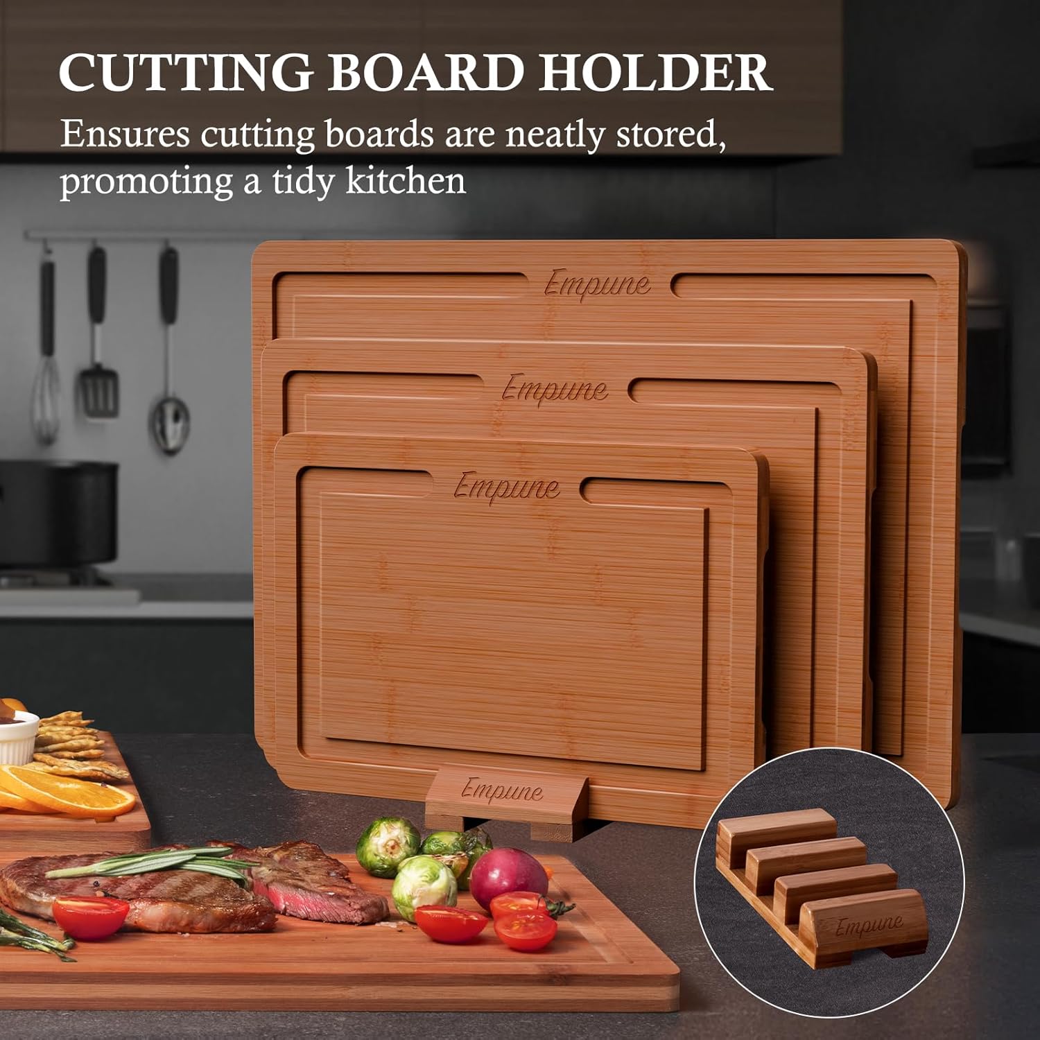 Bamboo Cutting Board Set – Wood Cutting Boards for Kitchen with Holder – Wooden Chopping Board for Meal Prep & Serving – Brown - Image 4