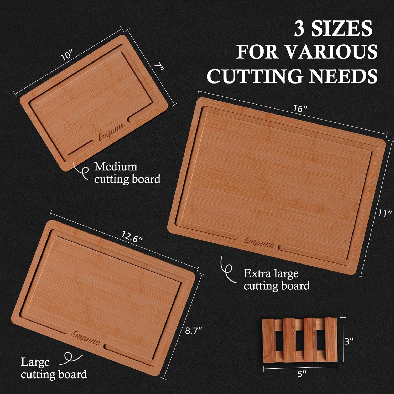 Bamboo Cutting Board Set – Wood Cutting Boards for Kitchen with Holder – Wooden Chopping Board for Meal Prep & Serving – Brown - Image 5