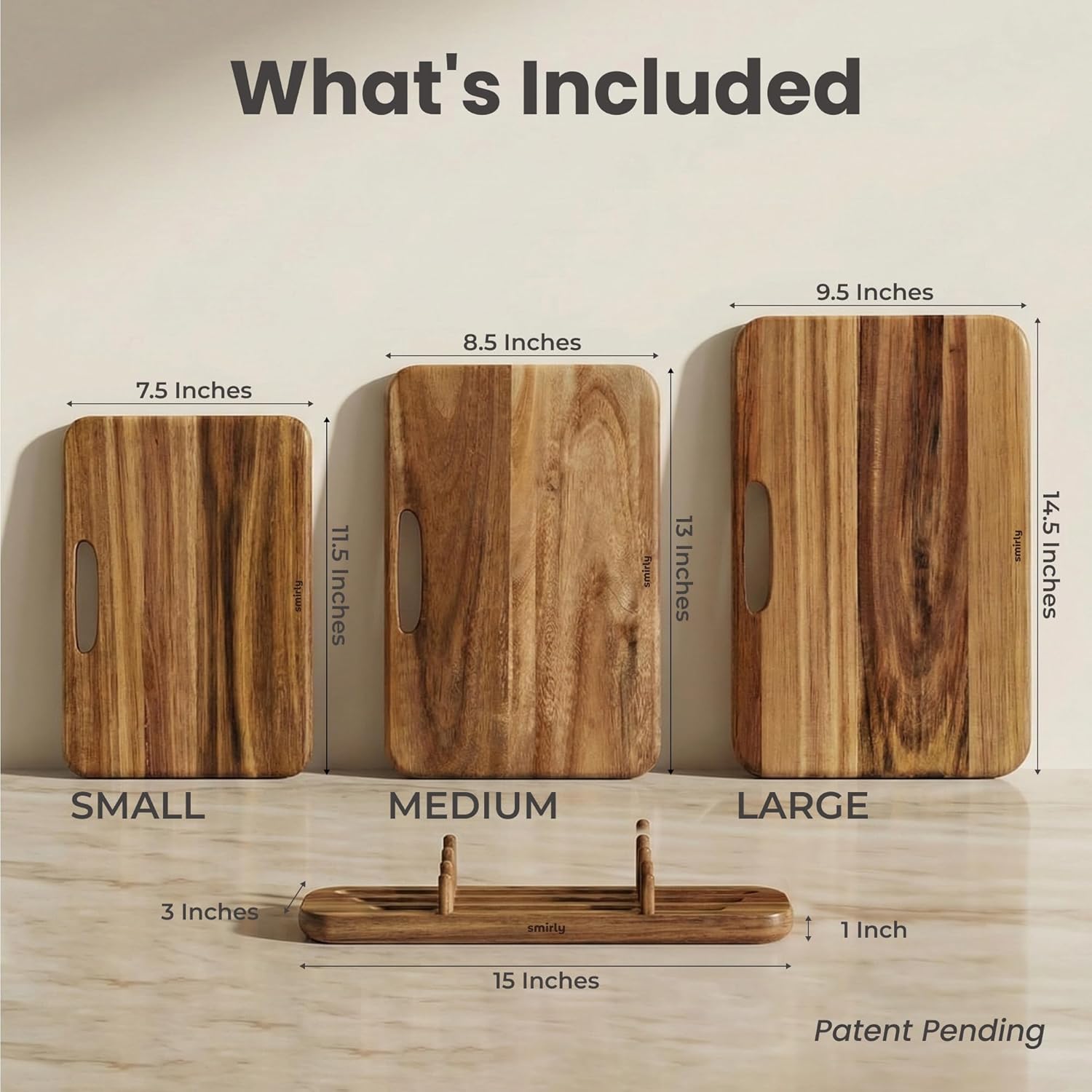Wooden Cutting Boards for Kitchen – Double Sided Cutting Board with Handle – Heavy Duty Solid Acacia Wood Set with Stand – 3 Pcs Non Toxic for Meat Vegetable Fruit - Image 2