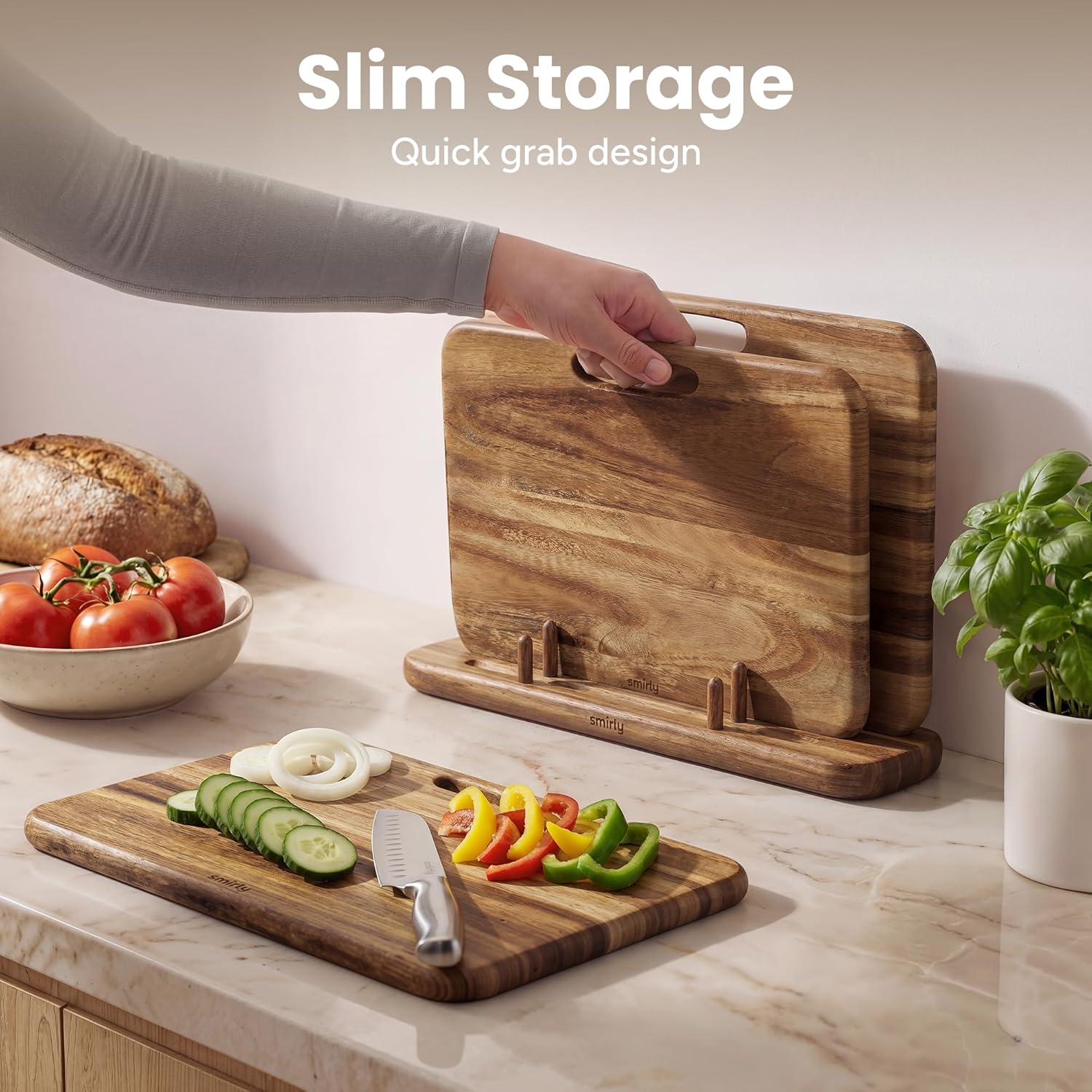 Wooden Cutting Boards for Kitchen – Double Sided Cutting Board with Handle – Heavy Duty Solid Acacia Wood Set with Stand – 3 Pcs Non Toxic for Meat Vegetable Fruit - Image 5