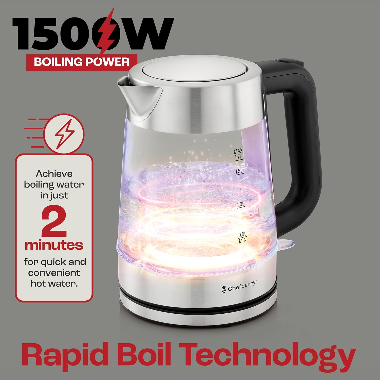 Electric Kettle for Boiling Hot Tea & Water – 1.7L Stainless Steel & Borosilicate Glass Boiler – No Plastic – Automatic Shutoff – BPA Free – Fast Heating – Black - Image 3