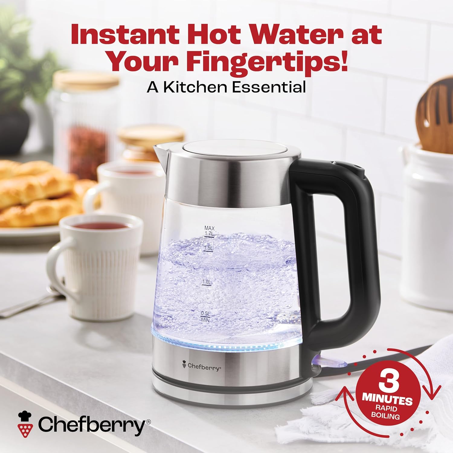 Electric Kettle for Boiling Hot Tea & Water – 1.7L Stainless Steel & Borosilicate Glass Boiler – No Plastic – Automatic Shutoff – BPA Free – Fast Heating – Black - Image 4