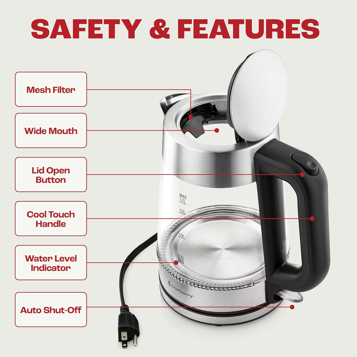 Electric Kettle for Boiling Hot Tea & Water – 1.7L Stainless Steel & Borosilicate Glass Boiler – No Plastic – Automatic Shutoff – BPA Free – Fast Heating – Black - Image 5