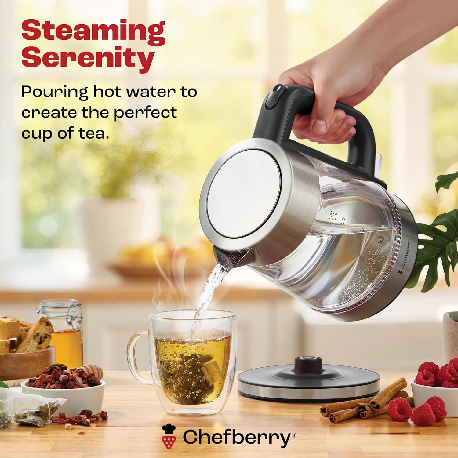 Electric Kettle for Boiling Hot Tea & Water – 1.7L Stainless Steel & Borosilicate Glass Boiler – No Plastic – Automatic Shutoff – BPA Free – Fast Heating – Black - Image 6