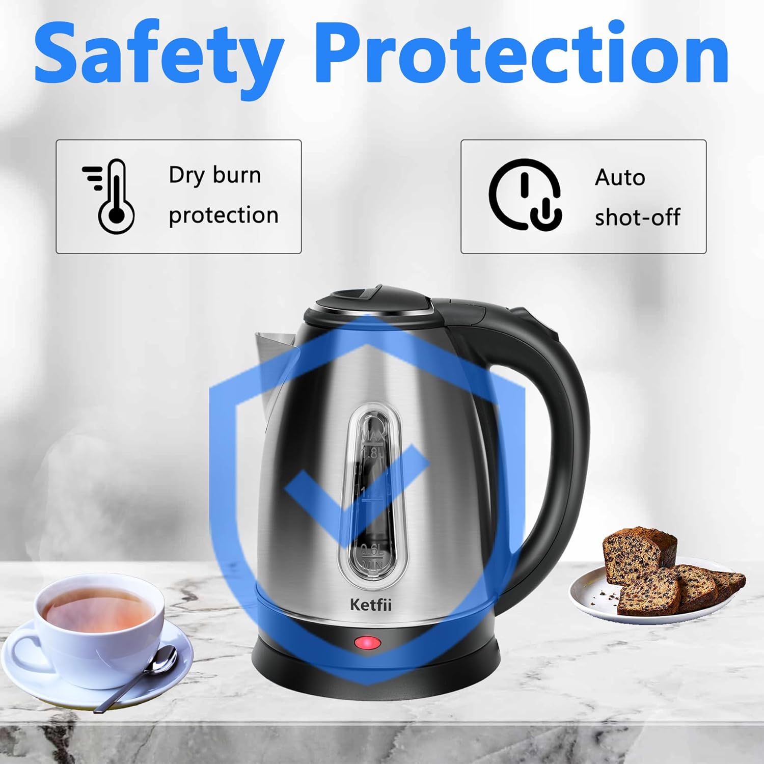 Stainless Steel Electric Kettle 1.8 Liters – Tea Coffee Kettle & Hot Water Boiler – 360° Swivel Base – BPA Free – Auto Shut Off – Boil Dry Proof – 1100W - Image 2