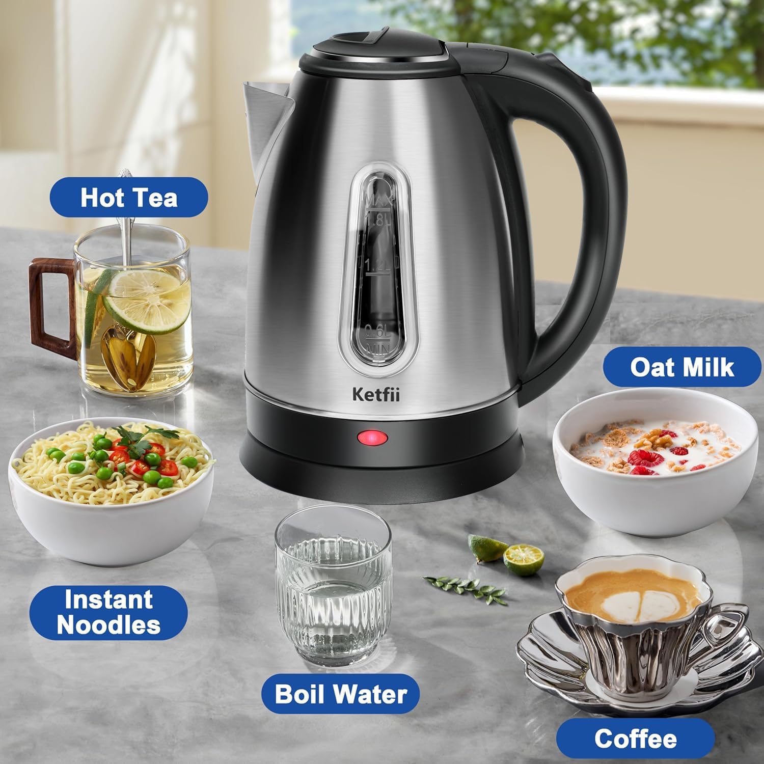 Stainless Steel Electric Kettle 1.8 Liters – Tea Coffee Kettle & Hot Water Boiler – 360° Swivel Base – BPA Free – Auto Shut Off – Boil Dry Proof – 1100W - Image 3
