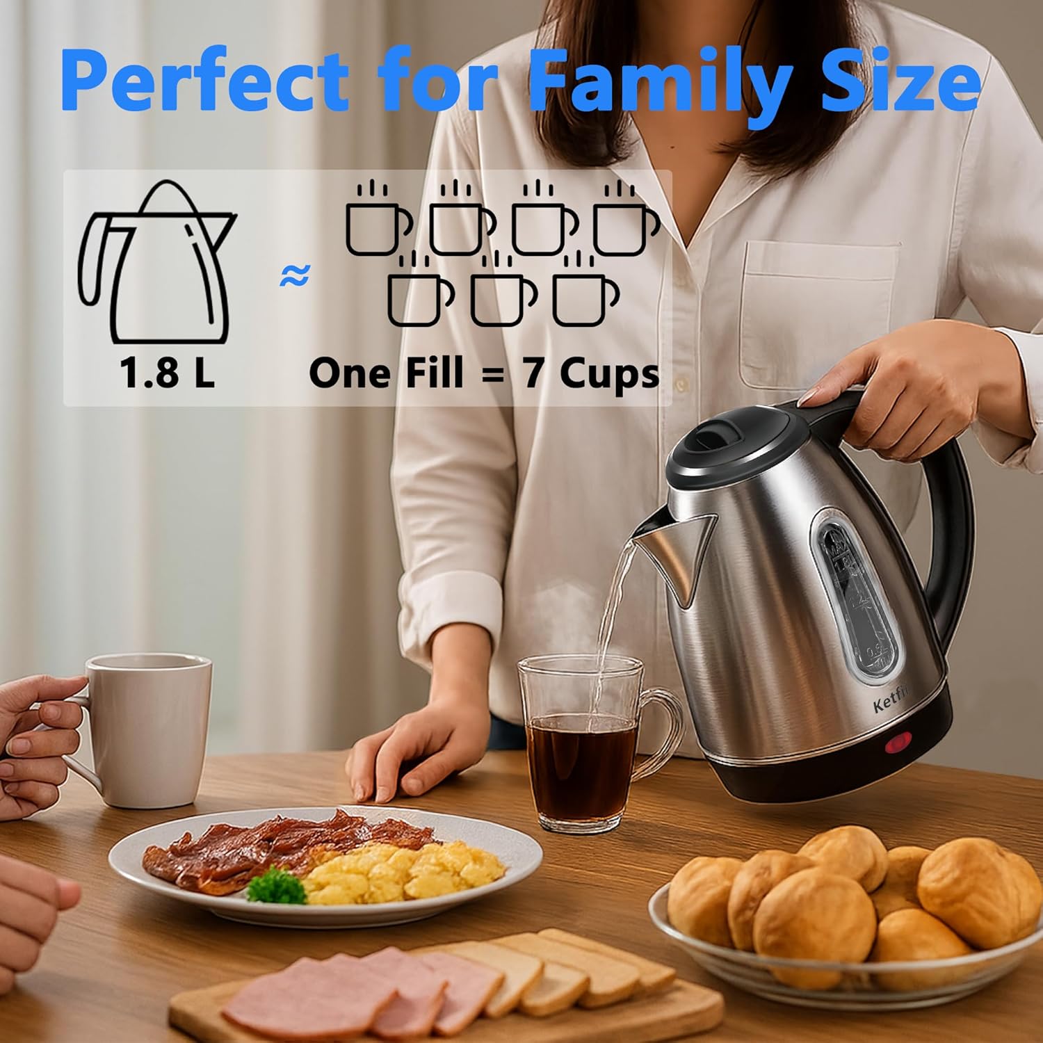 Stainless Steel Electric Kettle 1.8 Liters – Tea Coffee Kettle & Hot Water Boiler – 360° Swivel Base – BPA Free – Auto Shut Off – Boil Dry Proof – 1100W - Image 4