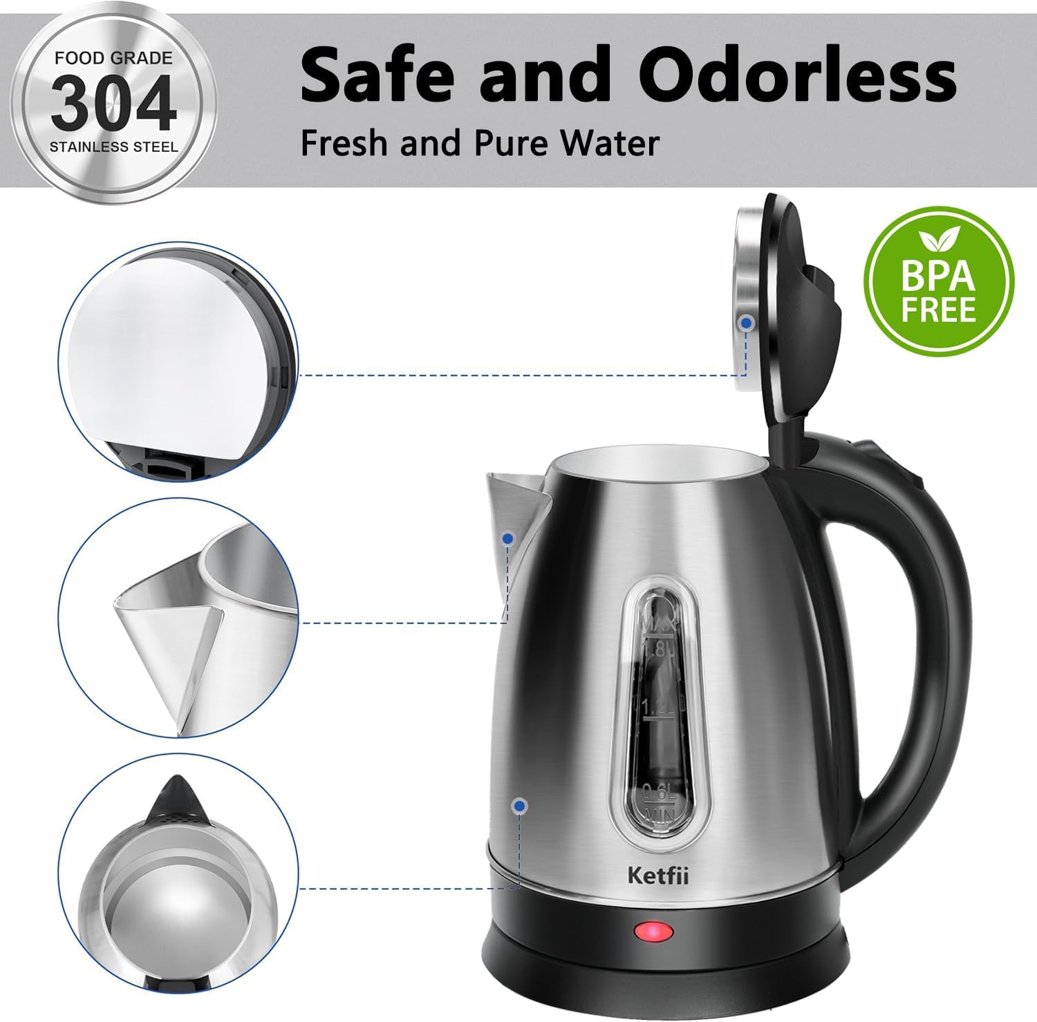 Stainless Steel Electric Kettle 1.8 Liters – Tea Coffee Kettle & Hot Water Boiler – 360° Swivel Base – BPA Free – Auto Shut Off – Boil Dry Proof – 1100W - Image 6