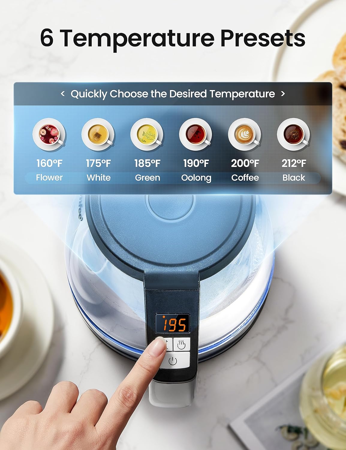 1.7L Glass Tea Kettle & Water Boiler – Electric Kettle with Temperature Control 6 Presets – 2 Hr Keep Warm – Fast Heating – 304 Stainless Steel – Auto Shut Off - Image 2