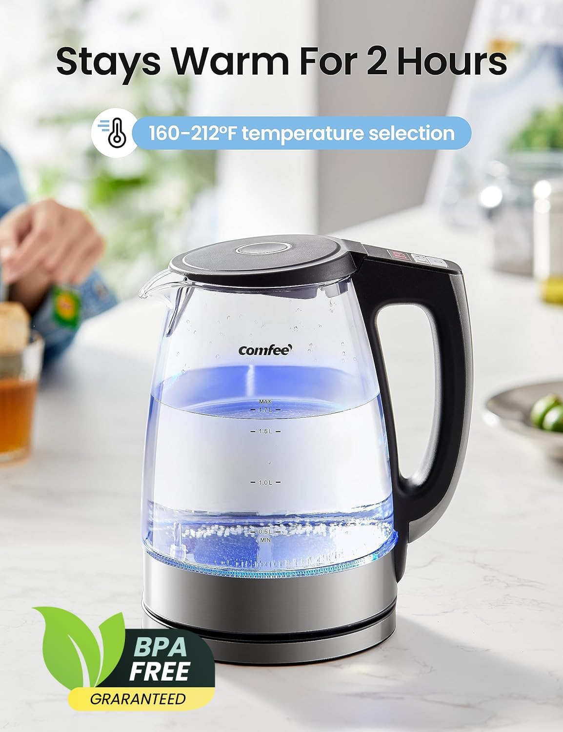 1.7L Glass Tea Kettle & Water Boiler – Electric Kettle with Temperature Control 6 Presets – 2 Hr Keep Warm – Fast Heating – 304 Stainless Steel – Auto Shut Off - Image 3