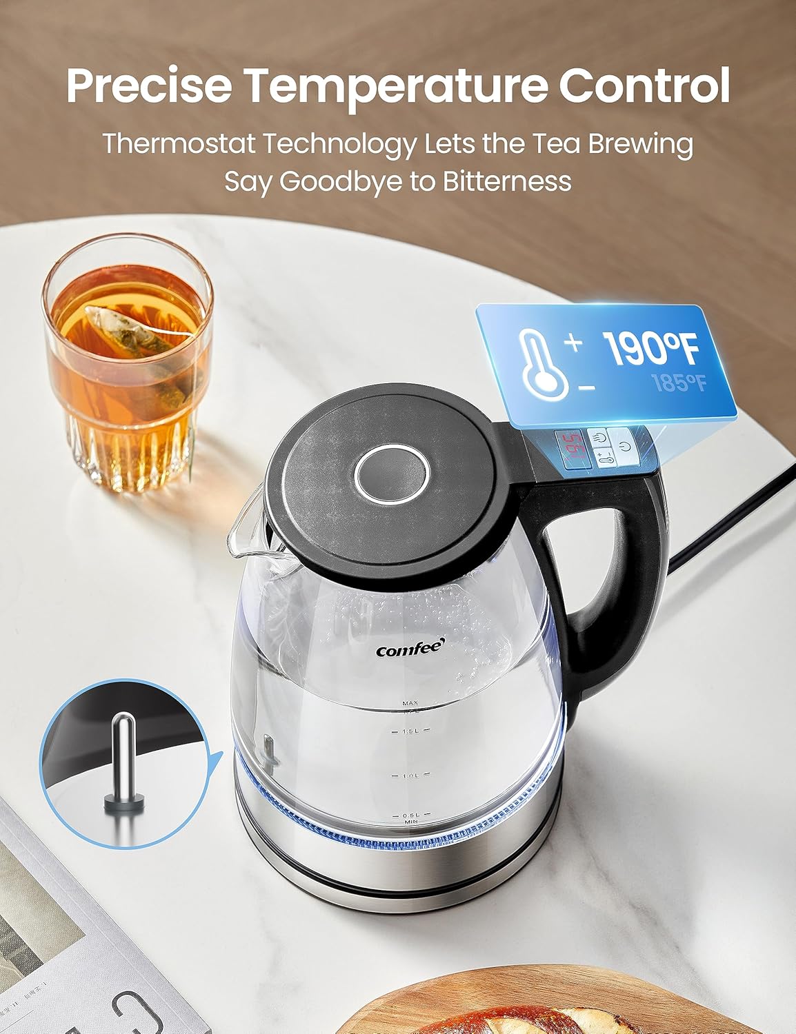 1.7L Glass Tea Kettle & Water Boiler – Electric Kettle with Temperature Control 6 Presets – 2 Hr Keep Warm – Fast Heating – 304 Stainless Steel – Auto Shut Off - Image 4