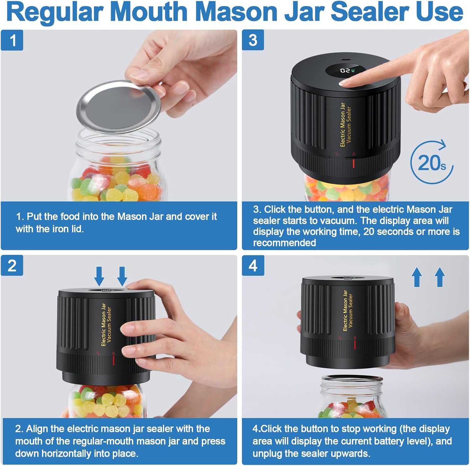 Electric Mason Jar Vacuum Sealer Kit – Works with Wide Mouth & Regular Mouth Mason Jars – Cordless Rechargeable Food Saver for Canning & Storage - Image 3