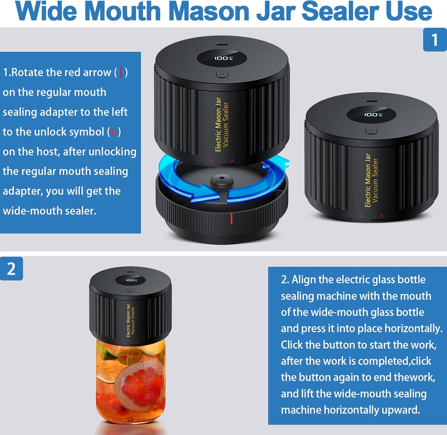 Electric Mason Jar Vacuum Sealer Kit – Works with Wide Mouth & Regular Mouth Mason Jars – Cordless Rechargeable Food Saver for Canning & Storage - Image 4