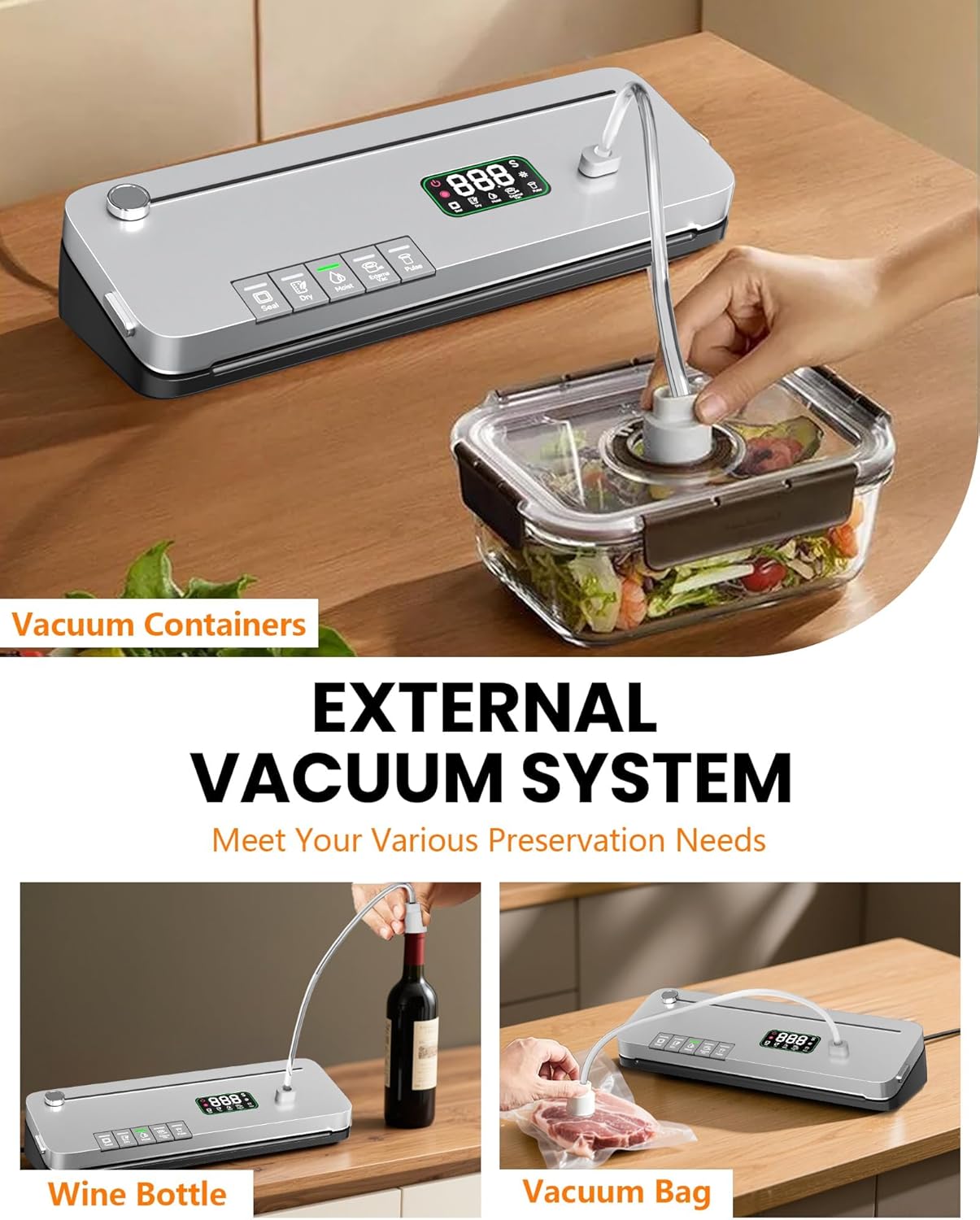 Food Vacuum Sealer Machine – 75KPa Strong Suction – Digital Timer – Built in Cutter – Pulse Function – Dry & Moist Modes – External Vacuum for Jars – 20 Bags Included - Image 4