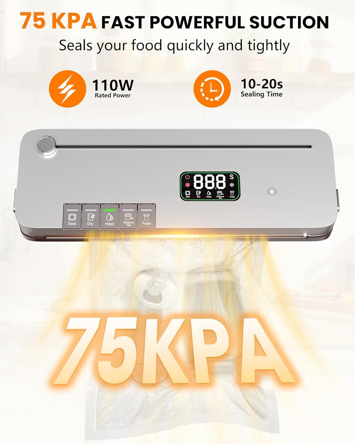 Food Vacuum Sealer Machine – 75KPa Strong Suction – Digital Timer – Built in Cutter – Pulse Function – Dry & Moist Modes – External Vacuum for Jars – 20 Bags Included - Image 5