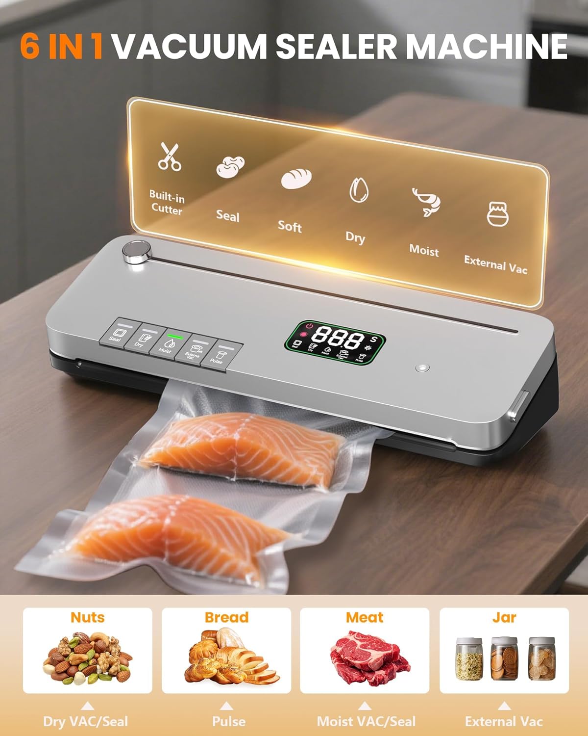 Food Vacuum Sealer Machine – 75KPa Strong Suction – Digital Timer – Built in Cutter – Pulse Function – Dry & Moist Modes – External Vacuum for Jars – 20 Bags Included - Image 6
