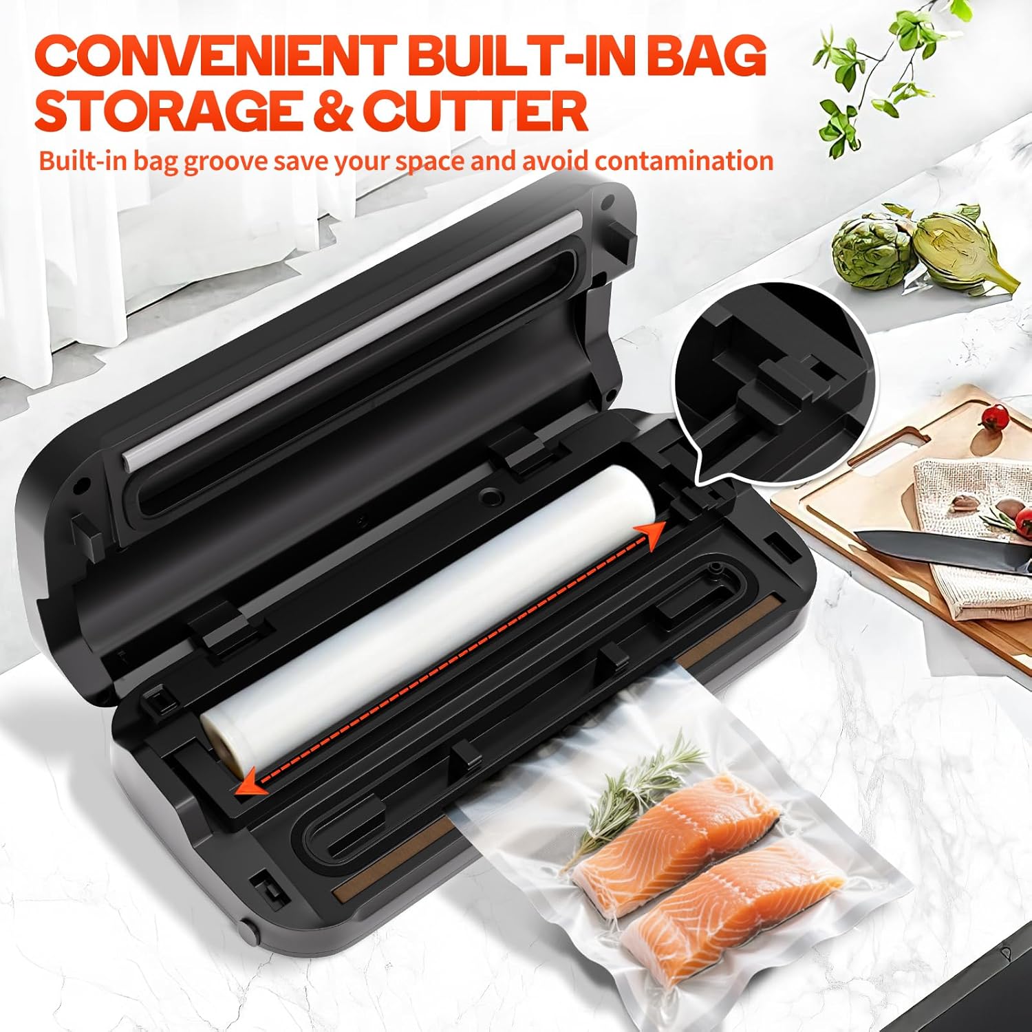 95KPa Vacuum Sealer Machine with Bags Storage & Built in Cutter – Dry/Moist/Gentle Modes – Removable Drip Tray – Complete Starter Kit – Stainless Steel - Image 2