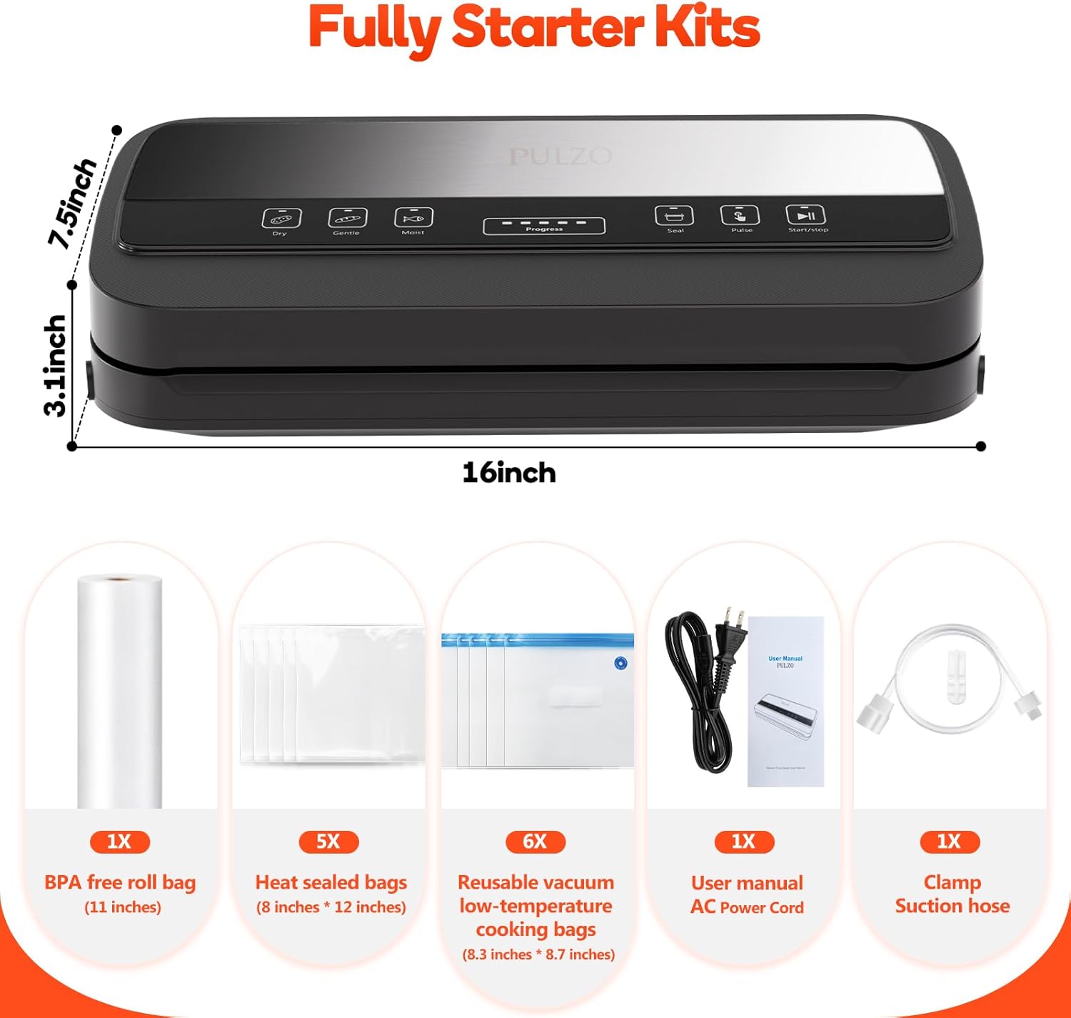 95KPa Vacuum Sealer Machine with Bags Storage & Built in Cutter – Dry/Moist/Gentle Modes – Removable Drip Tray – Complete Starter Kit – Stainless Steel - Image 3