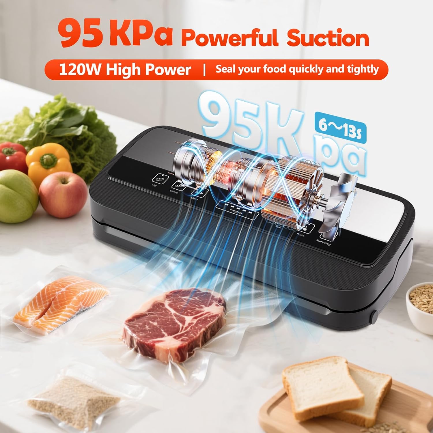 95KPa Vacuum Sealer Machine with Bags Storage & Built in Cutter – Dry/Moist/Gentle Modes – Removable Drip Tray – Complete Starter Kit – Stainless Steel - Image 4