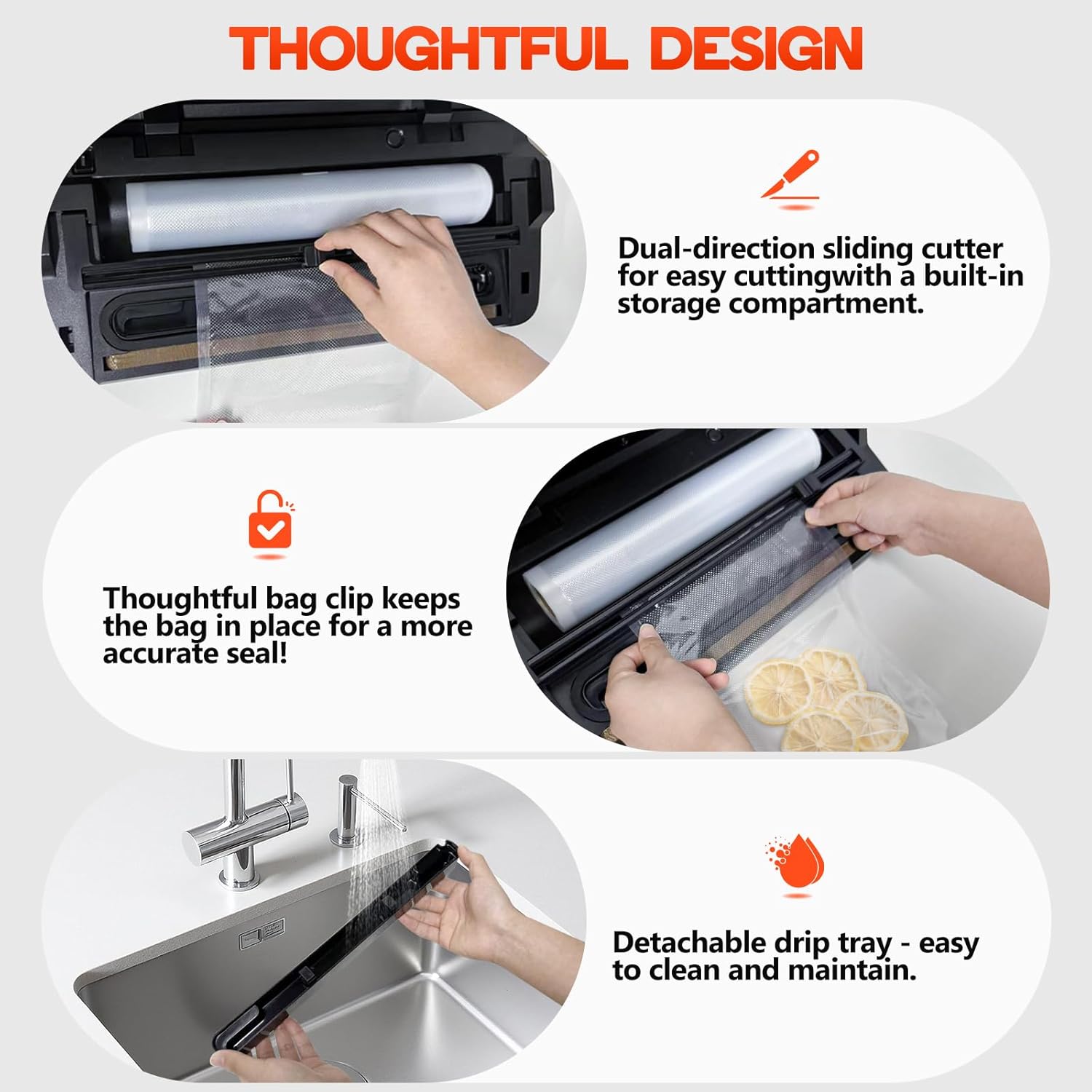 95KPa Vacuum Sealer Machine with Bags Storage & Built in Cutter – Dry/Moist/Gentle Modes – Removable Drip Tray – Complete Starter Kit – Stainless Steel - Image 5