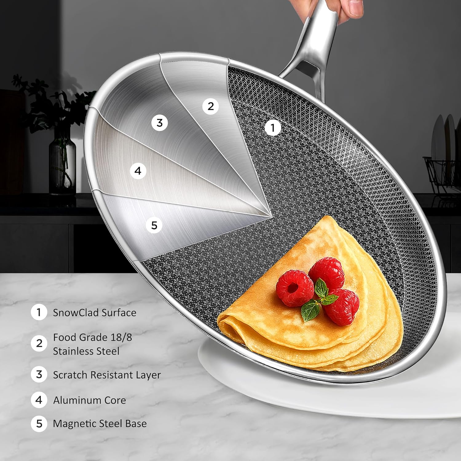 Crepe Pan – 12 Inch Nonstick Crepe Pan – Stainless Steel Flat Skillet – Non Stick Dosa Tawa – Tortilla & Pancake Pan – Dishwasher & Oven Safe – Induction Compatible – PFOA Free - Image 3