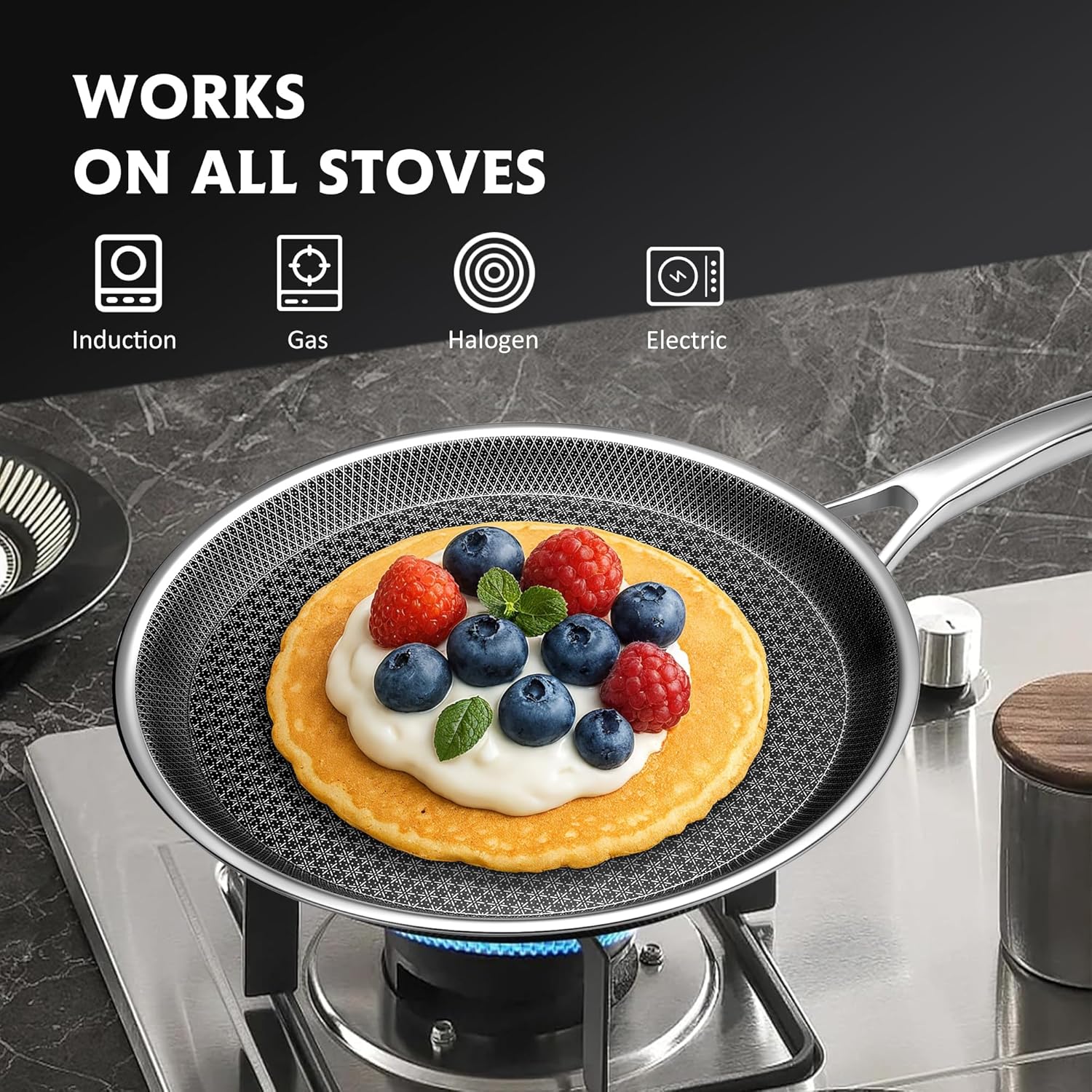 Crepe Pan – 12 Inch Nonstick Crepe Pan – Stainless Steel Flat Skillet – Non Stick Dosa Tawa – Tortilla & Pancake Pan – Dishwasher & Oven Safe – Induction Compatible – PFOA Free - Image 5