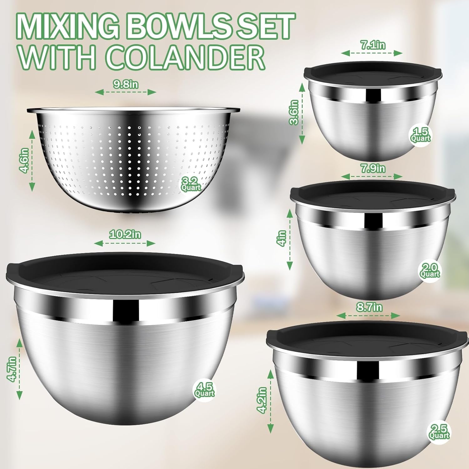 Mixing Bowls with Lids Set – Stainless Steel Mixing Bowls with Colander and Strainer – Serving Bowl Kitchen Gift – Sizes 4.5, 2.5, 2, 1.5 QT – Black - Image 2
