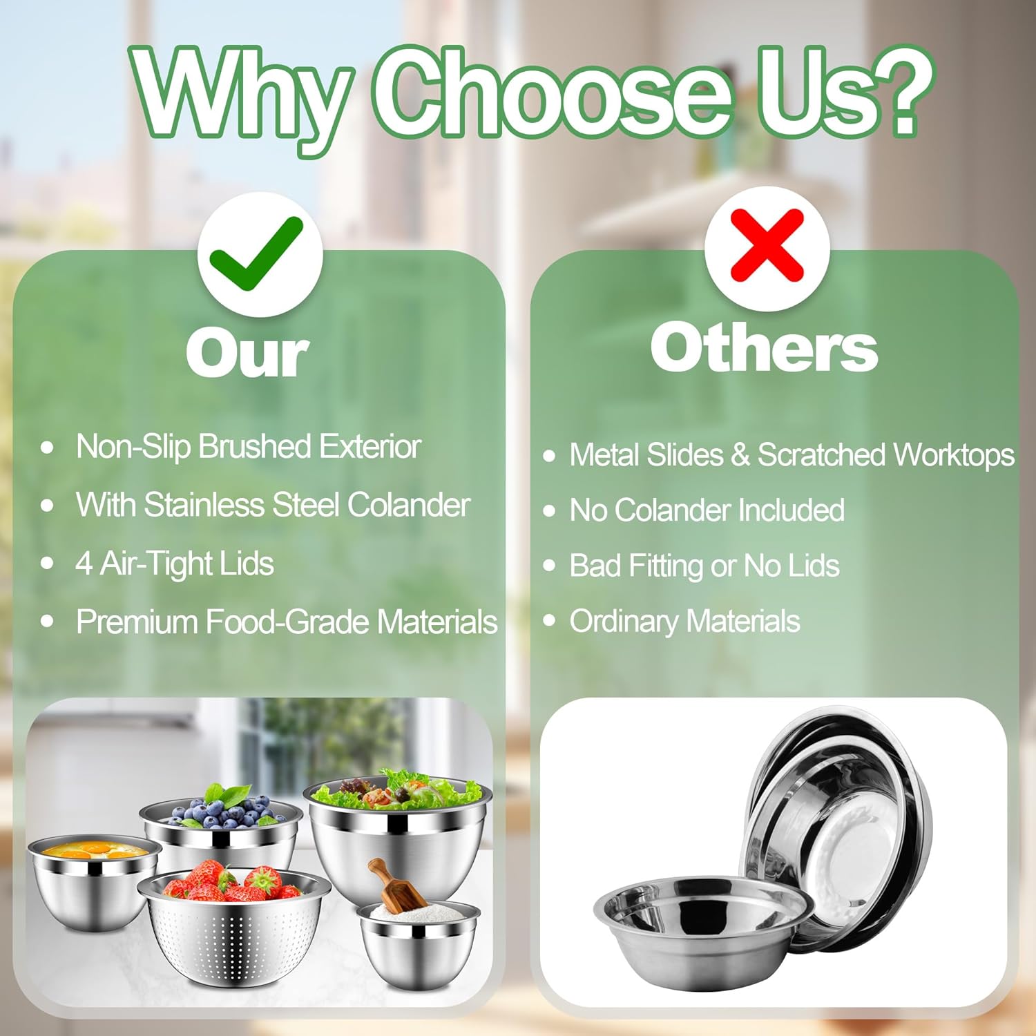 Mixing Bowls with Lids Set – Stainless Steel Mixing Bowls with Colander and Strainer – Serving Bowl Kitchen Gift – Sizes 4.5, 2.5, 2, 1.5 QT – Black - Image 3
