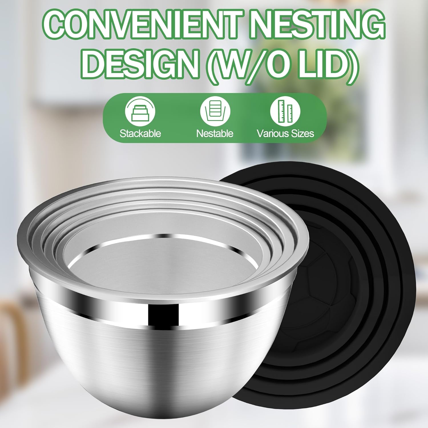 Mixing Bowls with Lids Set – Stainless Steel Mixing Bowls with Colander and Strainer – Serving Bowl Kitchen Gift – Sizes 4.5, 2.5, 2, 1.5 QT – Black - Image 4
