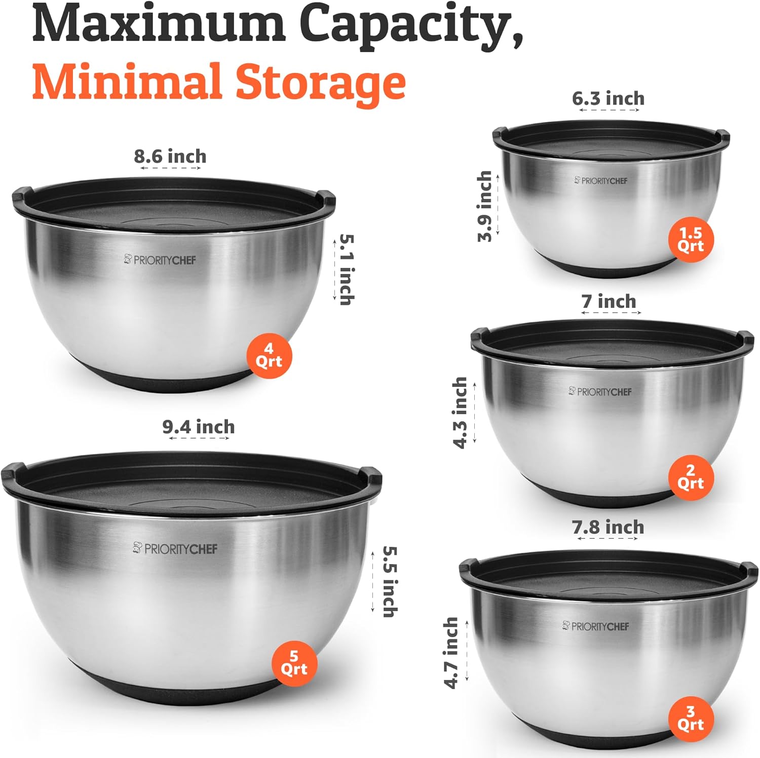 Premium Mixing Bowls with Lids Set – Airtight Lids – Thicker Stainless Steel – Non Slip Base – 5 Nesting Steel Bowls for Kitchen – Large Prep Metal Bowl Set 1.5, 2, 3, 4, 5 Qt – Black - Image 2
