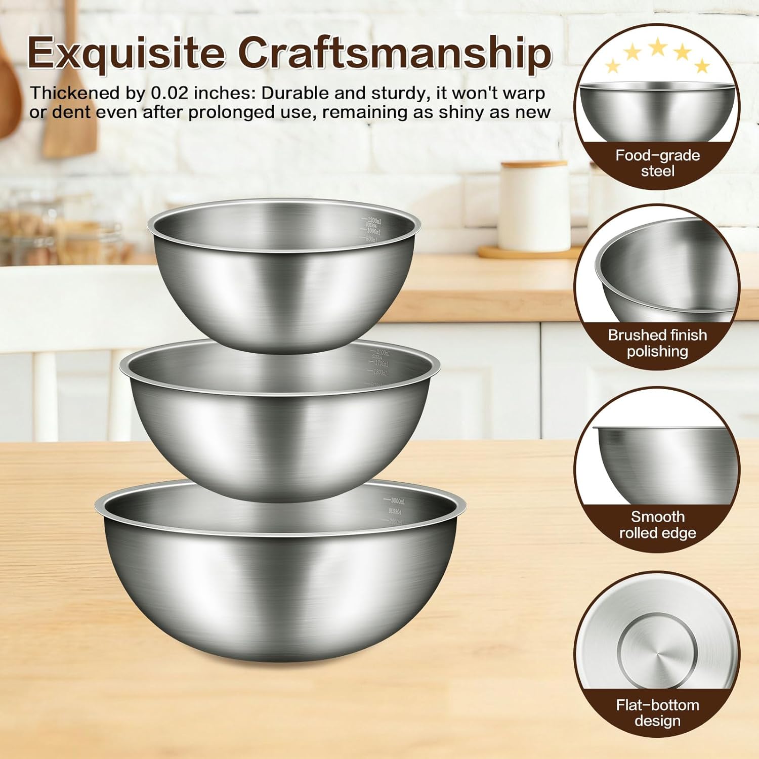Stainless Steel Mixing Bowls Set of 3 – Food Grade 304 – Nesting Design – Dishwasher Safe for Baking, Salad Prep & Cooking – Sizes 1.5, 2.2, 3.4 Quarts - Image 2